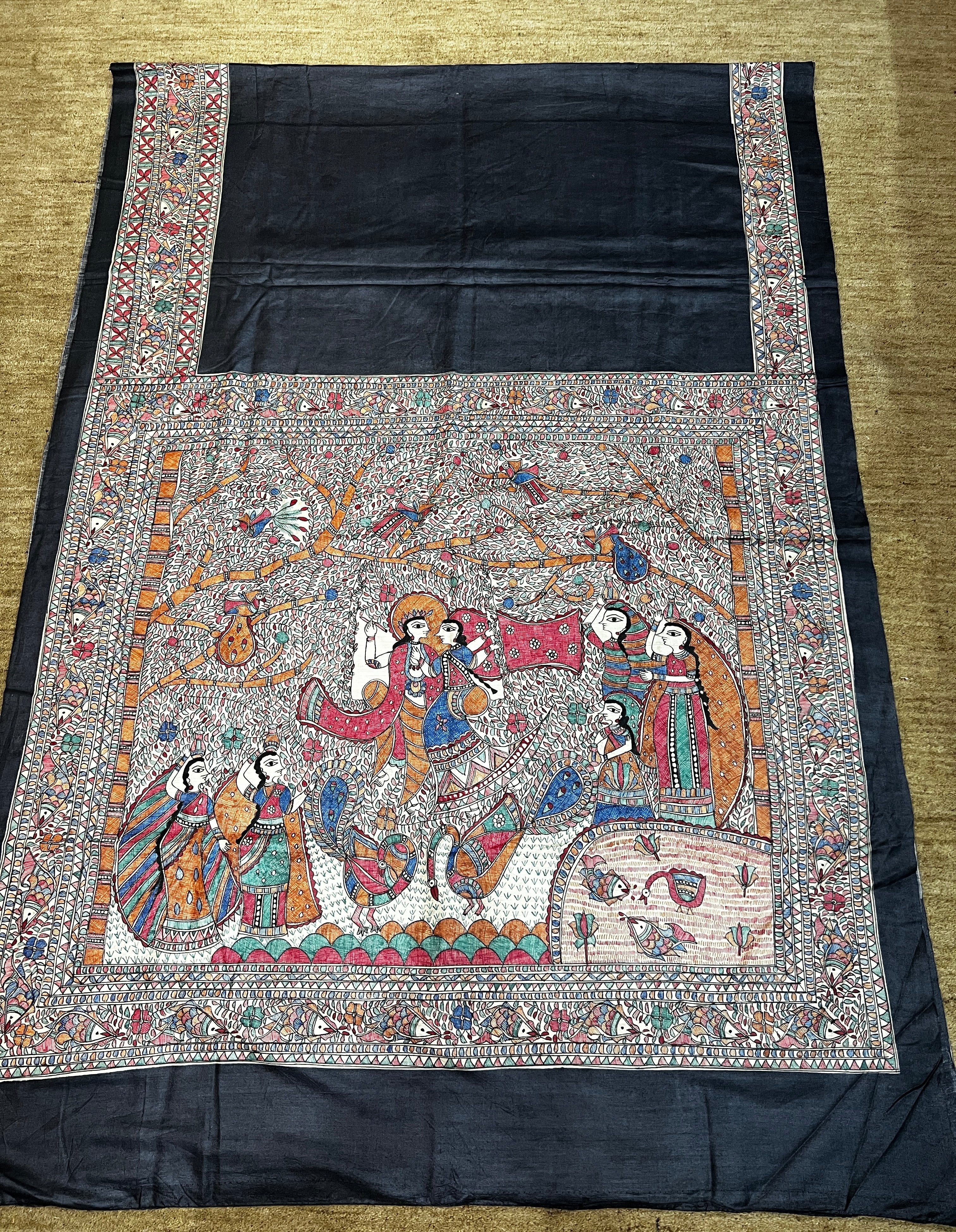 Premium Smokey Black Tussar Munga Silk Hand-Painted Madhubani Saree with Grand Radha Krishna Pallu