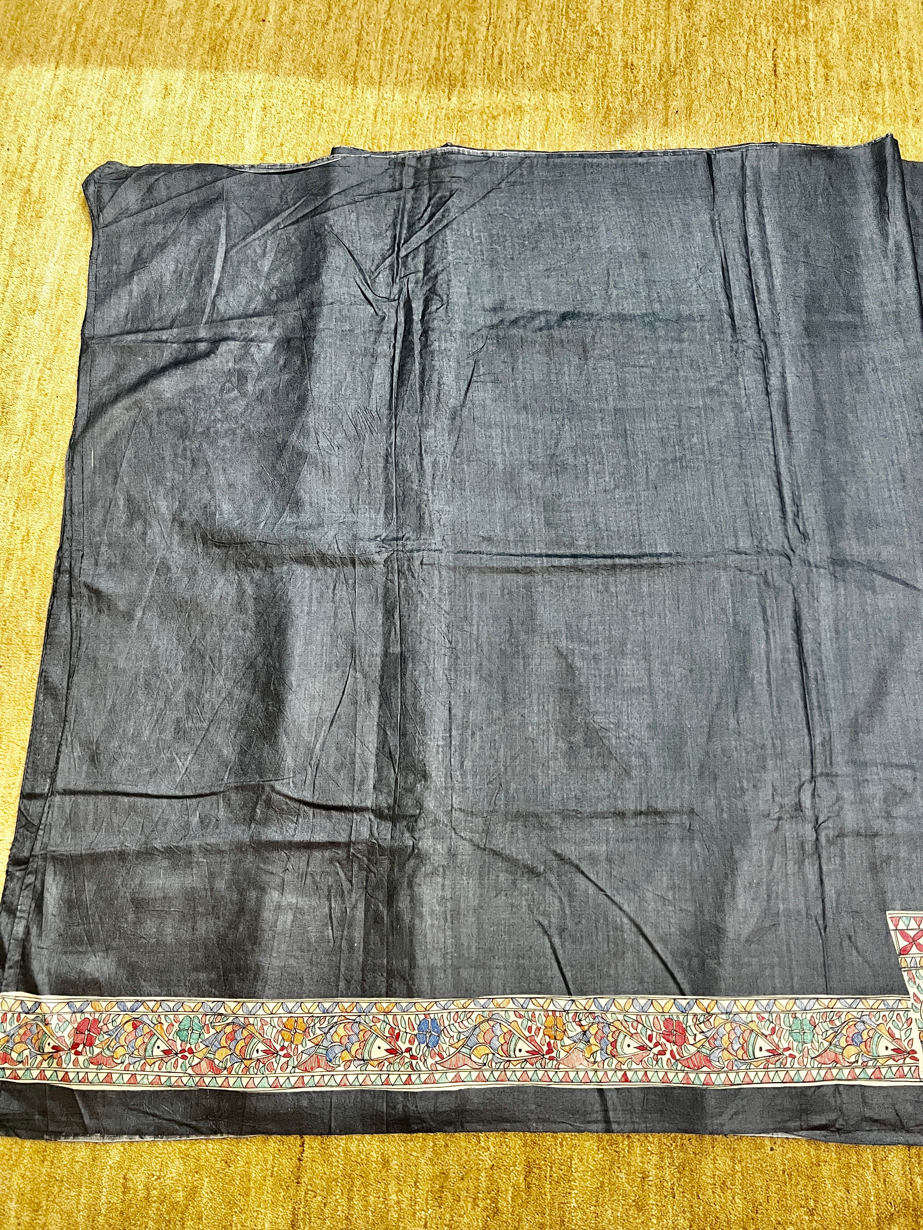 Premium Smokey Black Tussar Munga Silk Hand-Painted Madhubani Saree with Grand Radha Krishna Pallu
