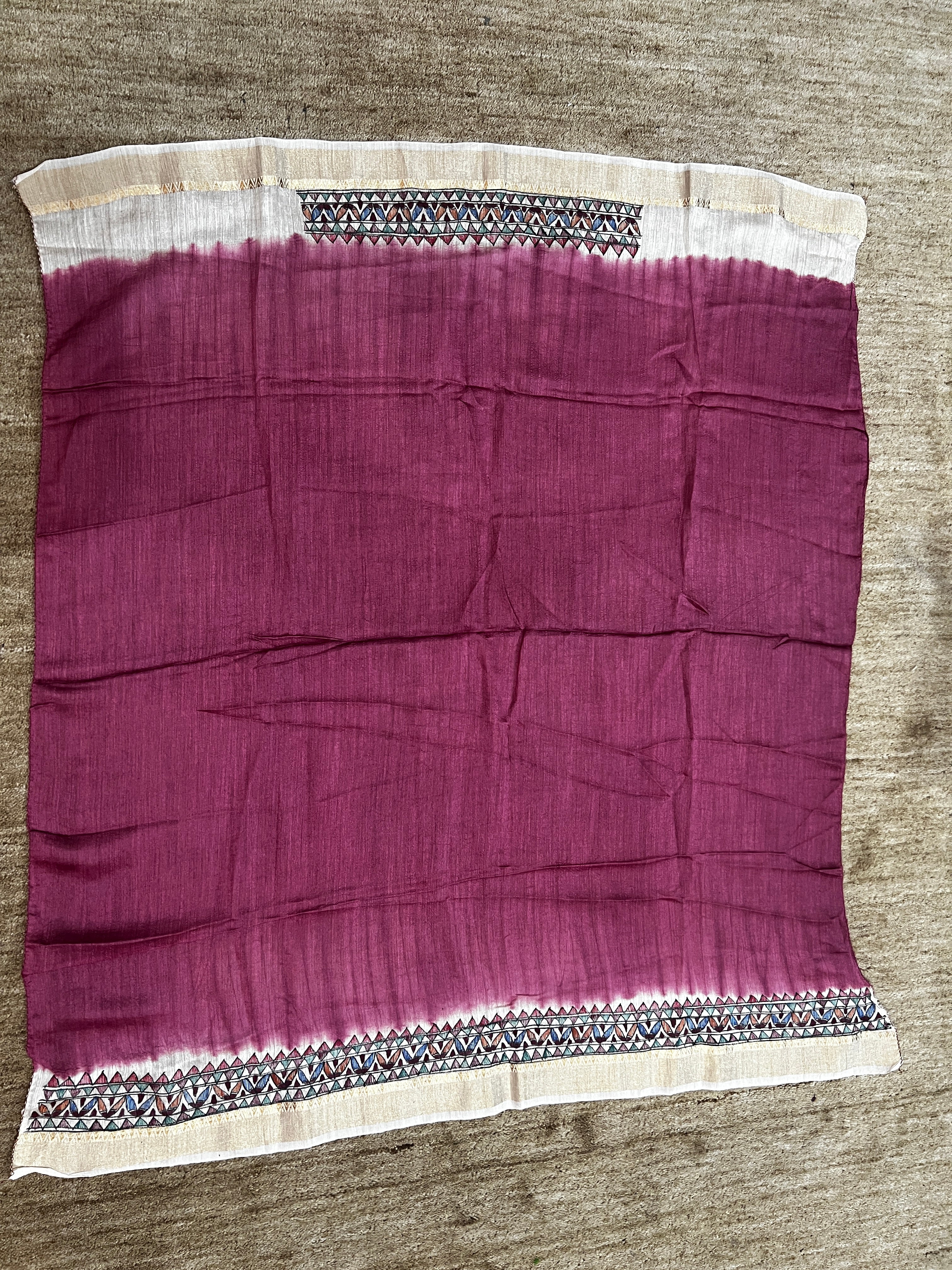 Premium Dark Mauve Tussar Munga Silk Bandhani Hand-Painted Madhubani Saree with Geometric Mandala Artwork