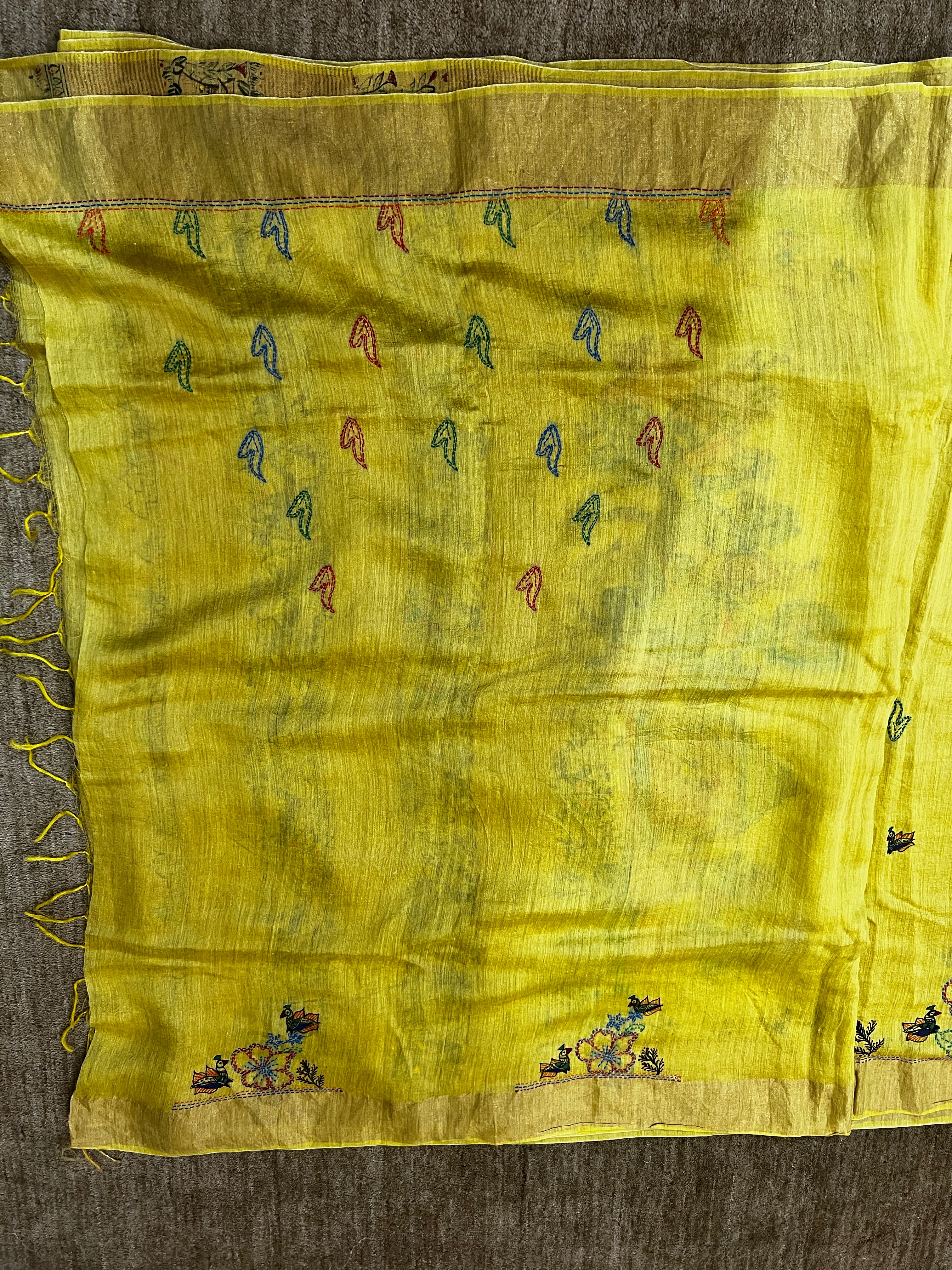 Premium Yellow Tussar Munga Silk Hand-Painted Madhubani & Handcrafted Sujani Saree with Grand Doli Baarat Pallu