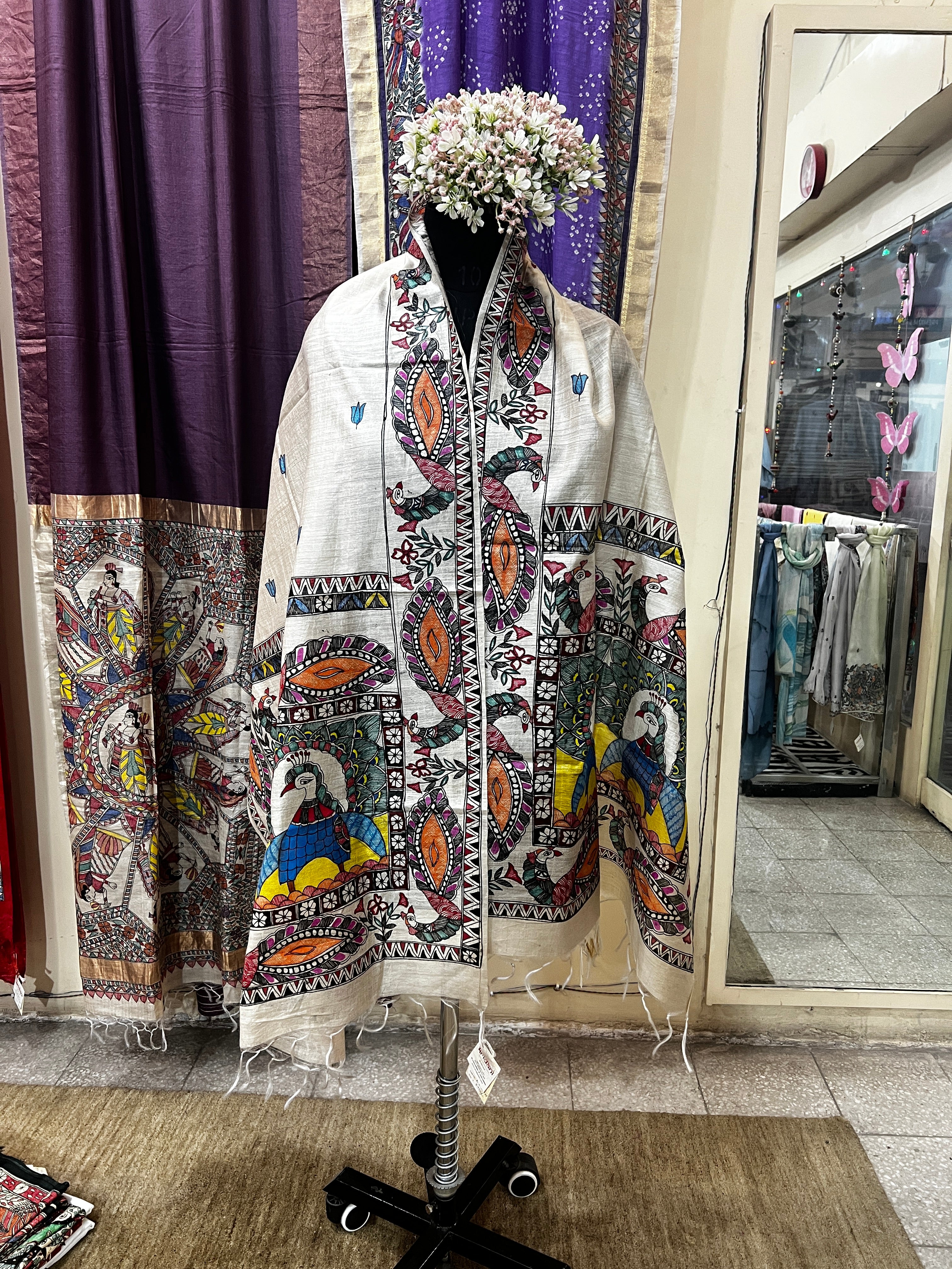 Hand-Painted Natural Tussar Munga Silk Stole with Twin Peacock Panel, Lotus Buti & Ornamental Floral Border