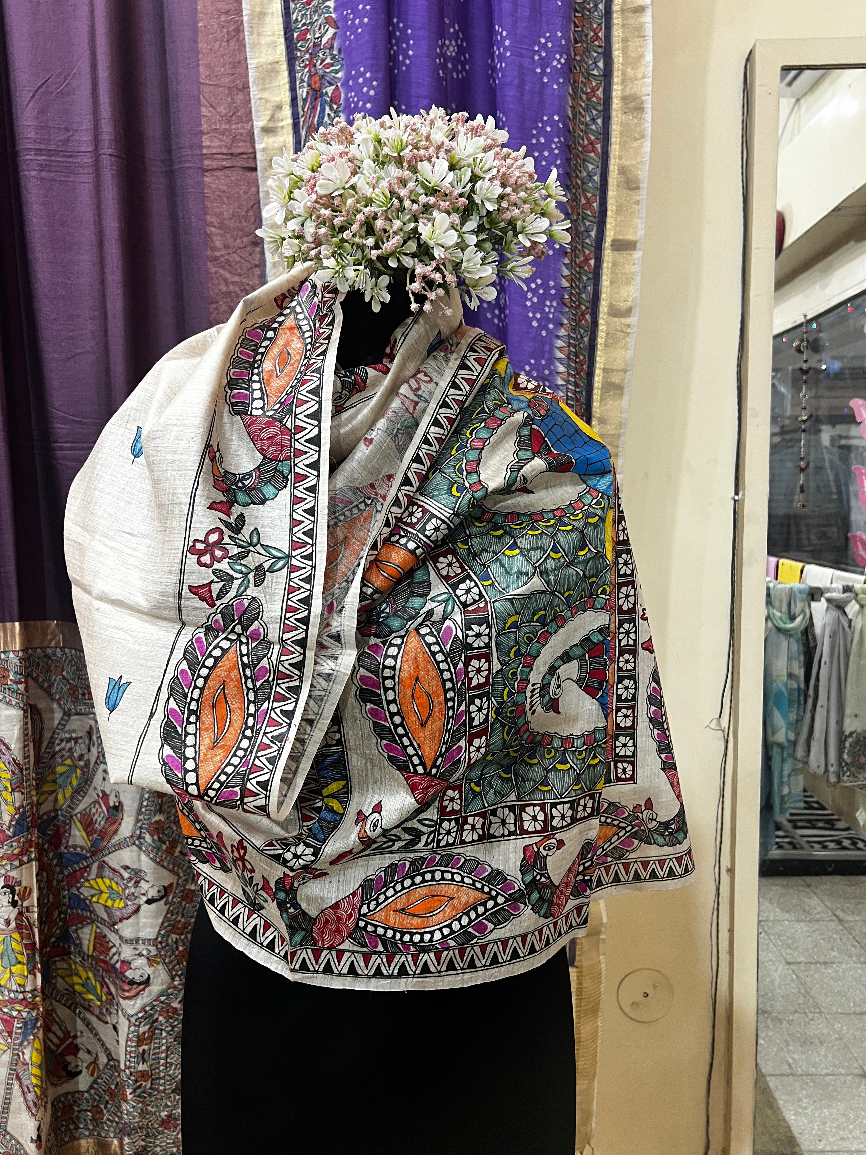 Hand-Painted Natural Tussar Munga Silk Stole with Twin Peacock Panel, Lotus Buti & Ornamental Floral Border