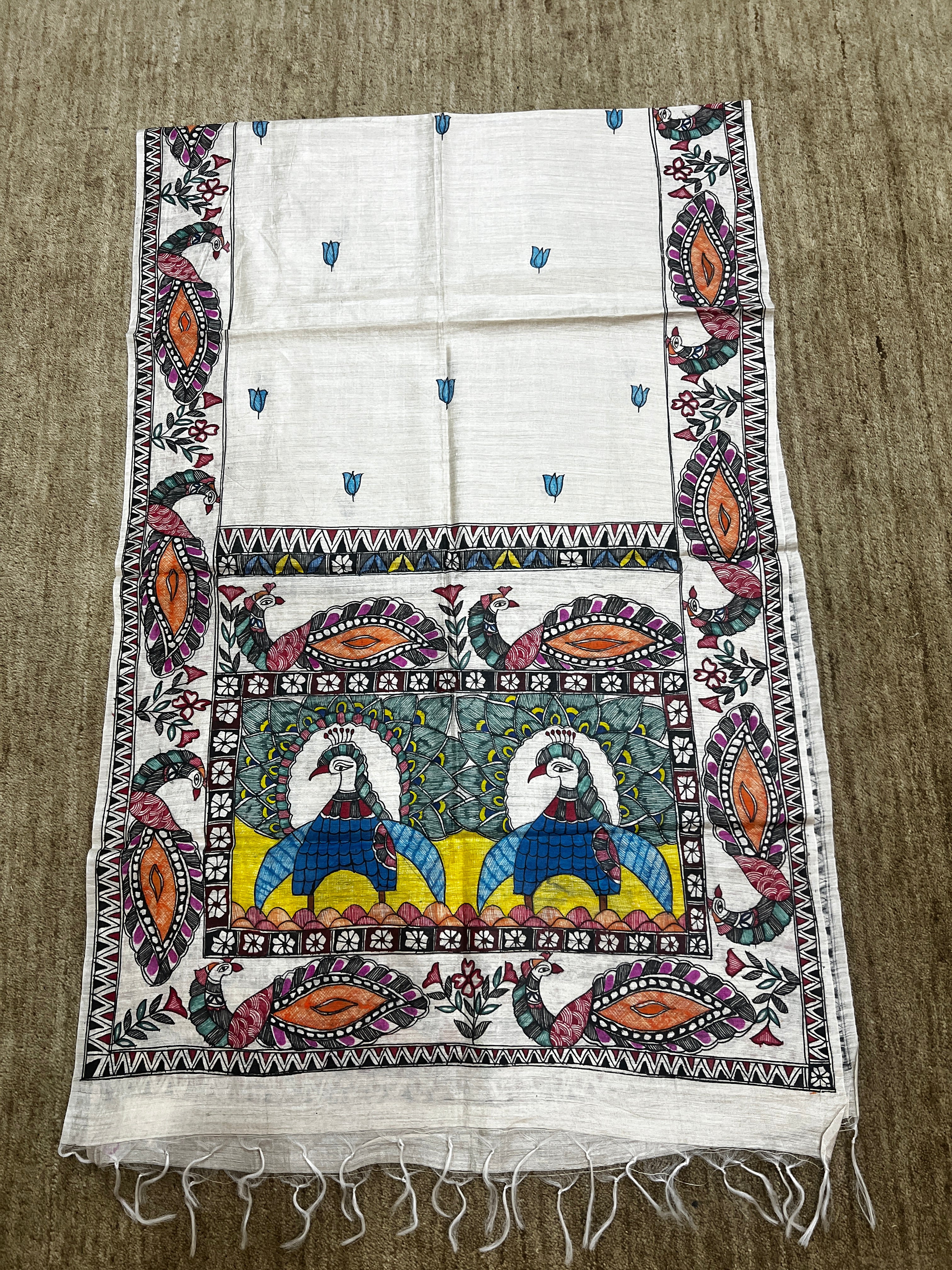 Hand-Painted Natural Tussar Munga Silk Stole with Twin Peacock Panel, Lotus Buti & Ornamental Floral Border