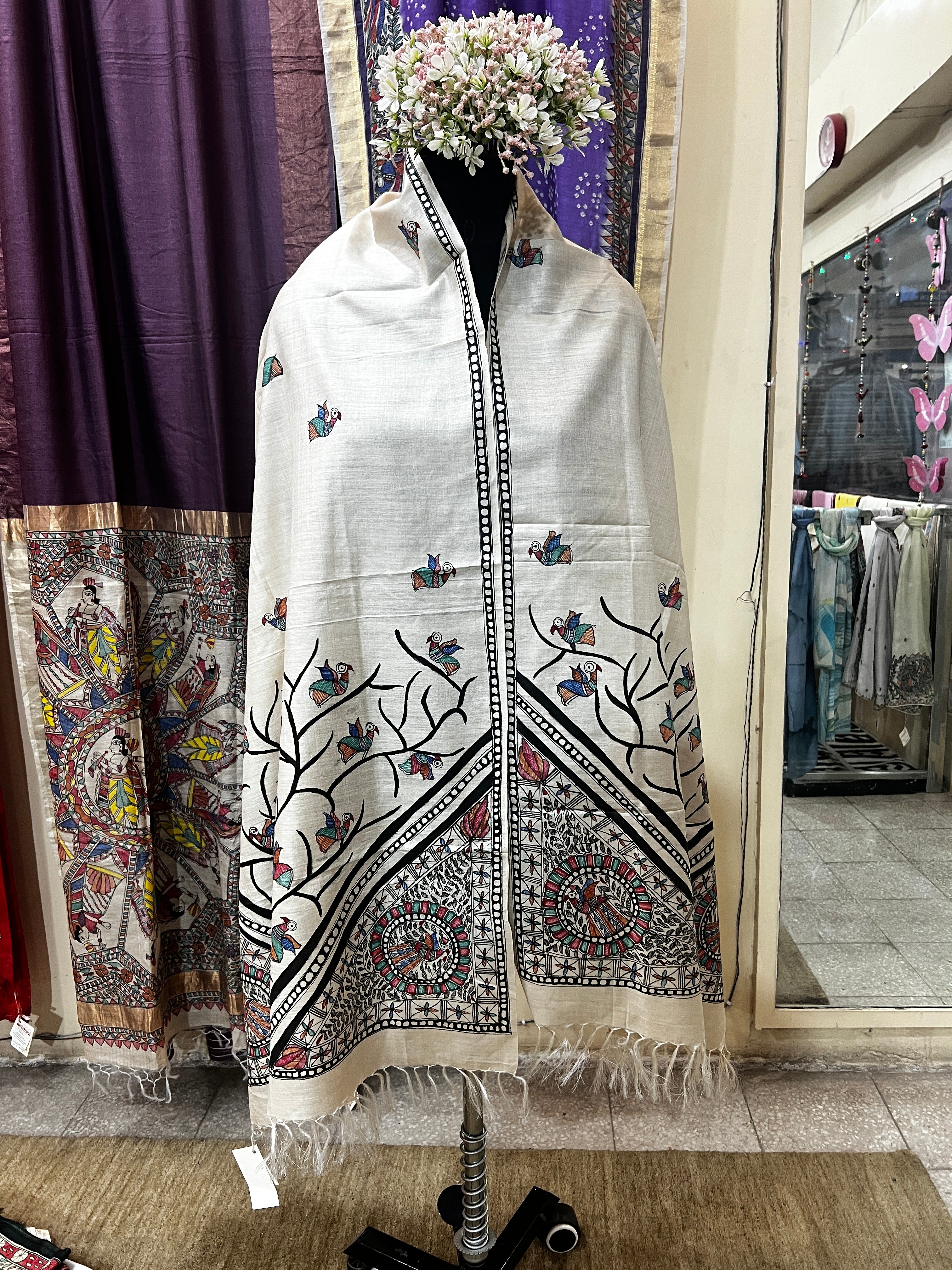 Hand-Painted Beige Tussar Munga Silk Stole with Peacock Tree Motif, Bird Buti & Geometric Border