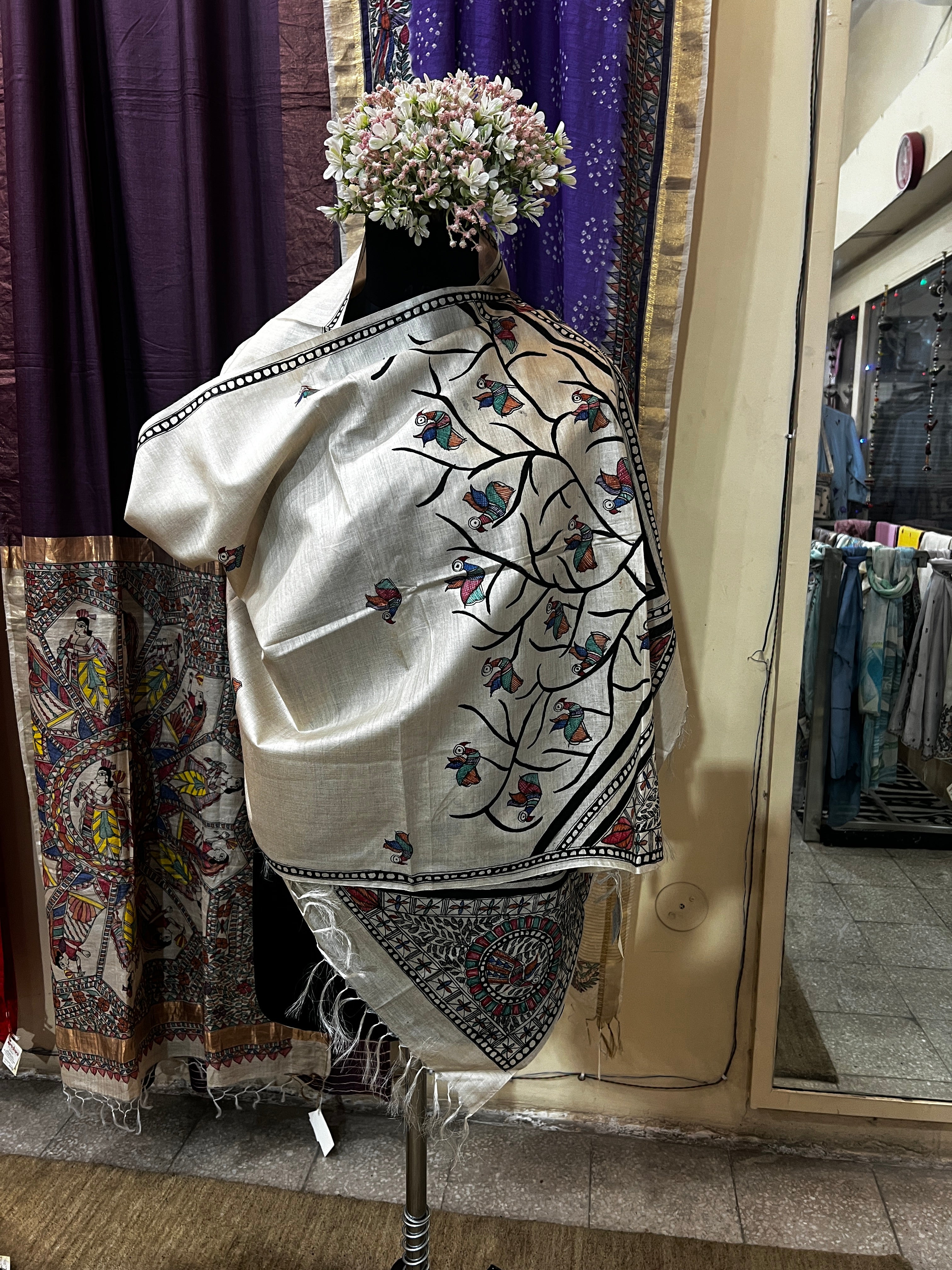 Hand-Painted Beige Tussar Munga Silk Stole with Peacock Tree Motif, Bird Buti & Geometric Border