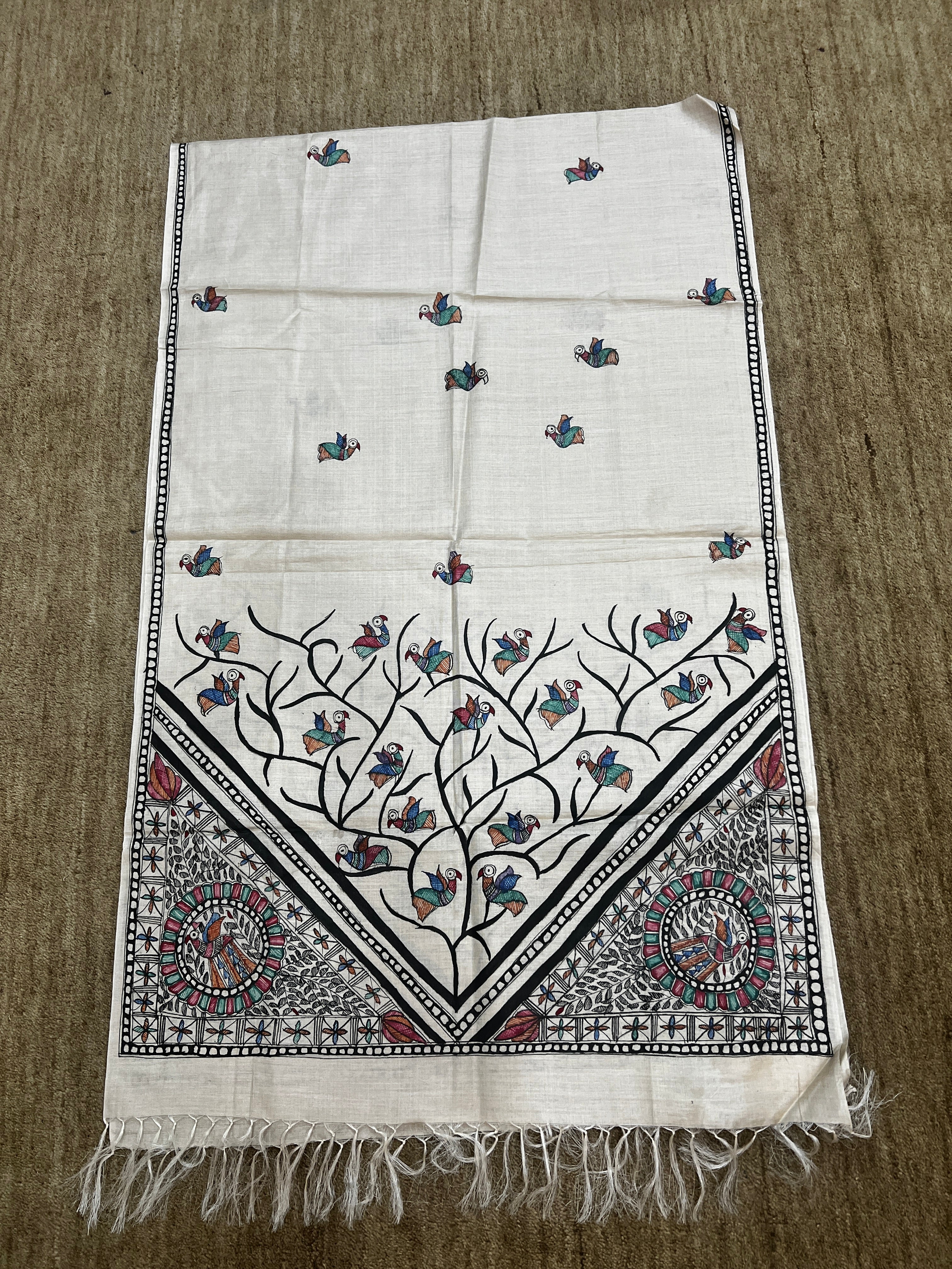 Hand-Painted Beige Tussar Munga Silk Stole with Peacock Tree Motif, Bird Buti & Geometric Border
