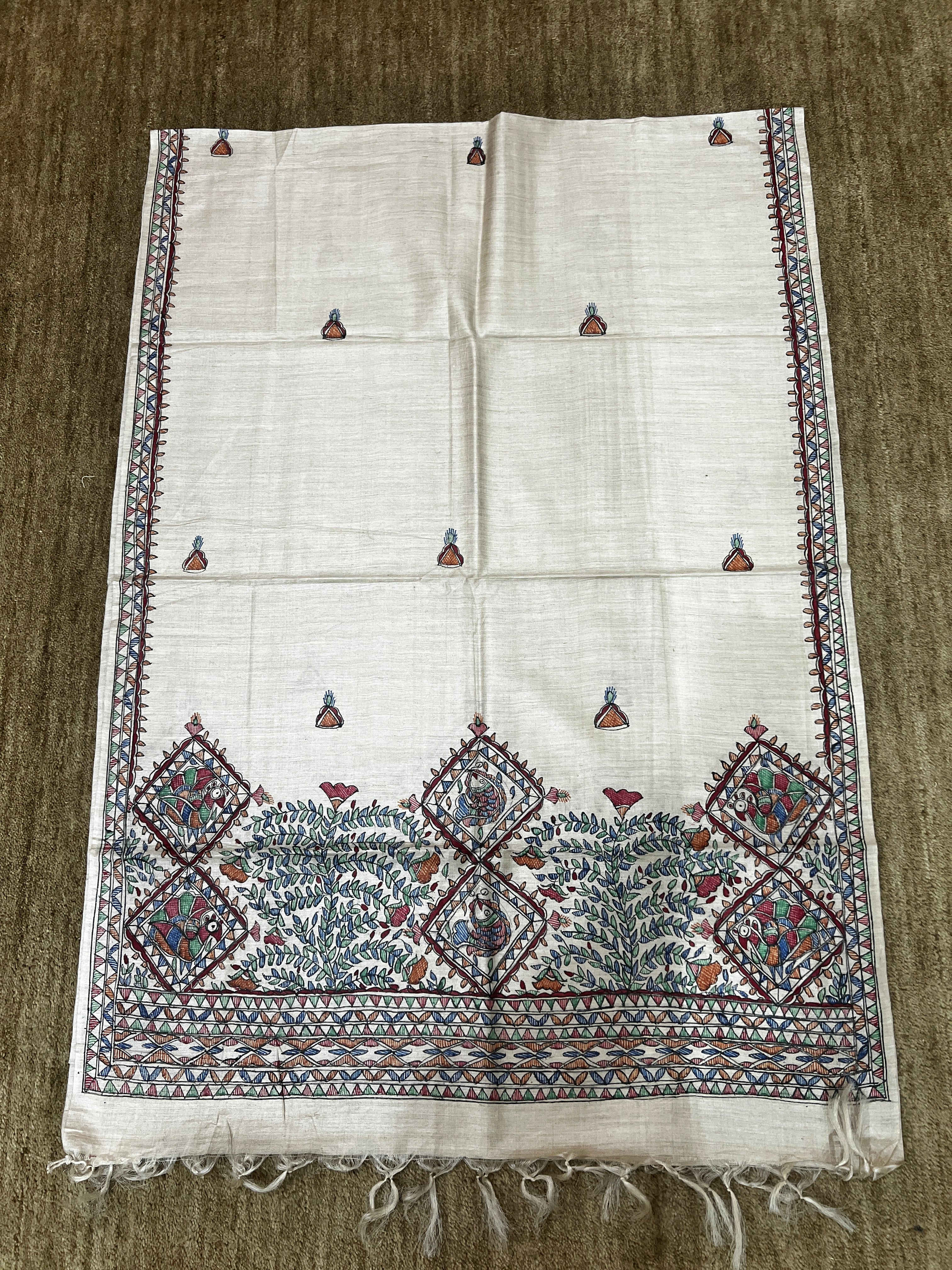 Hand-Painted Beige Tussar Munga Silk Stole with Peacock & Fish Motifs, Floral Vine Design and Buti Work
