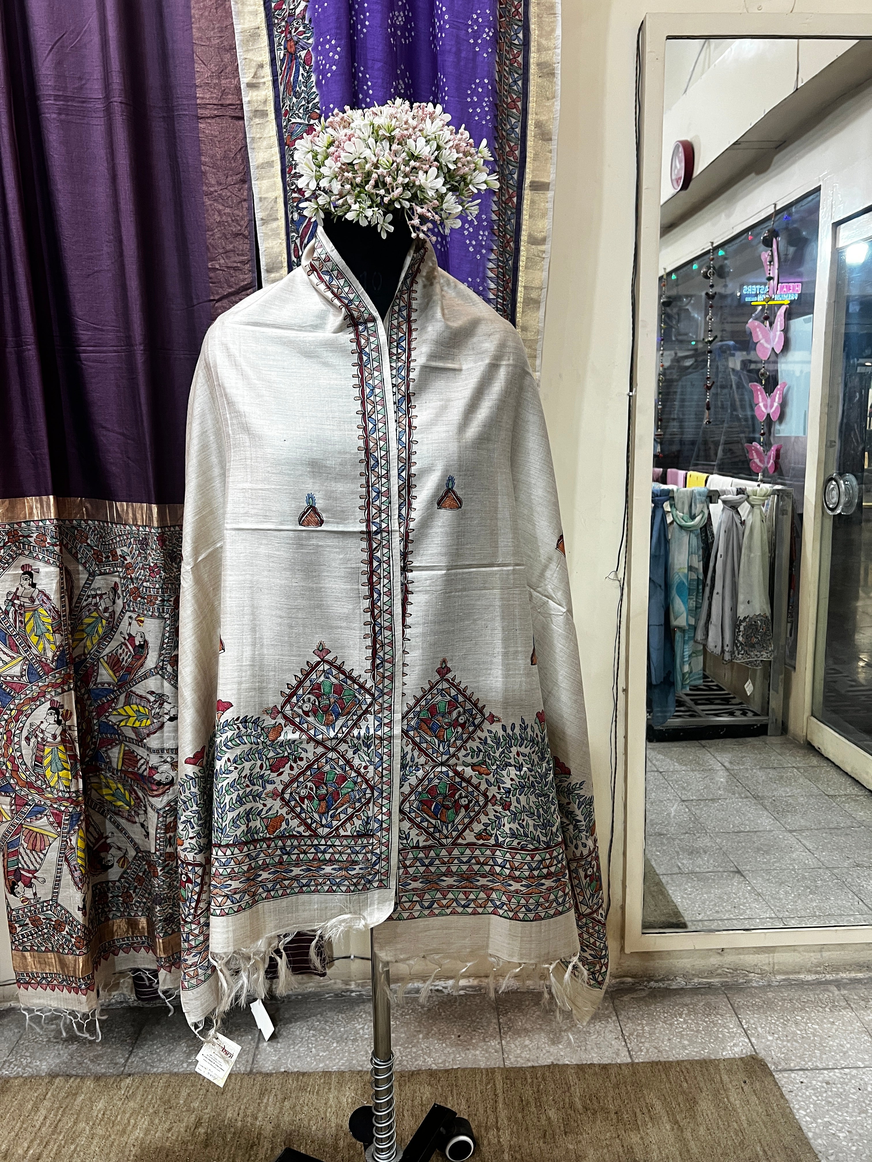Hand-Painted Beige Tussar Munga Silk Stole with Peacock & Fish Motifs, Floral Vine Design and Buti Work