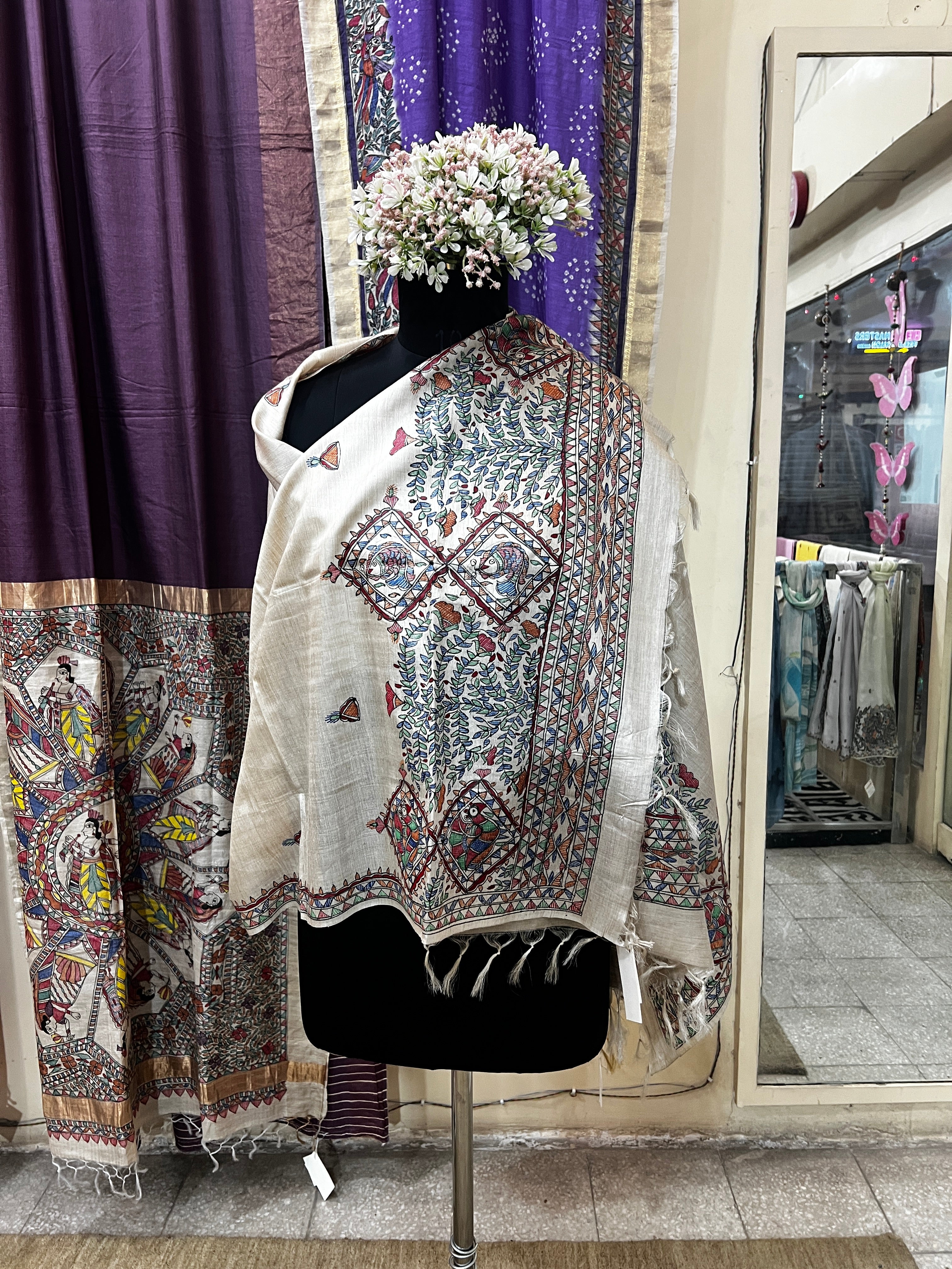 Hand-Painted Beige Tussar Munga Silk Stole with Peacock & Fish Motifs, Floral Vine Design and Buti Work