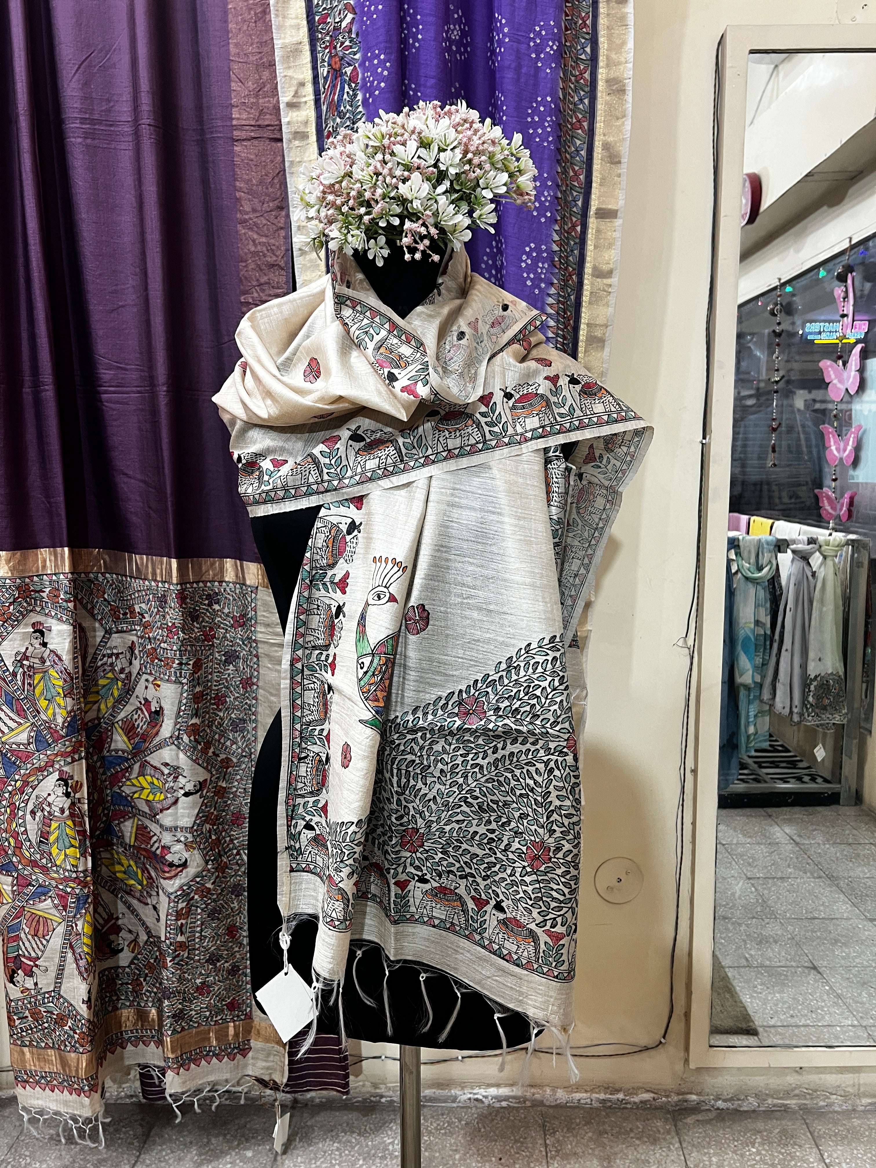 Hand-painted Beige Tussar Munga Silk Stole with Elephant and Peacock Motif & Floral Vine Design