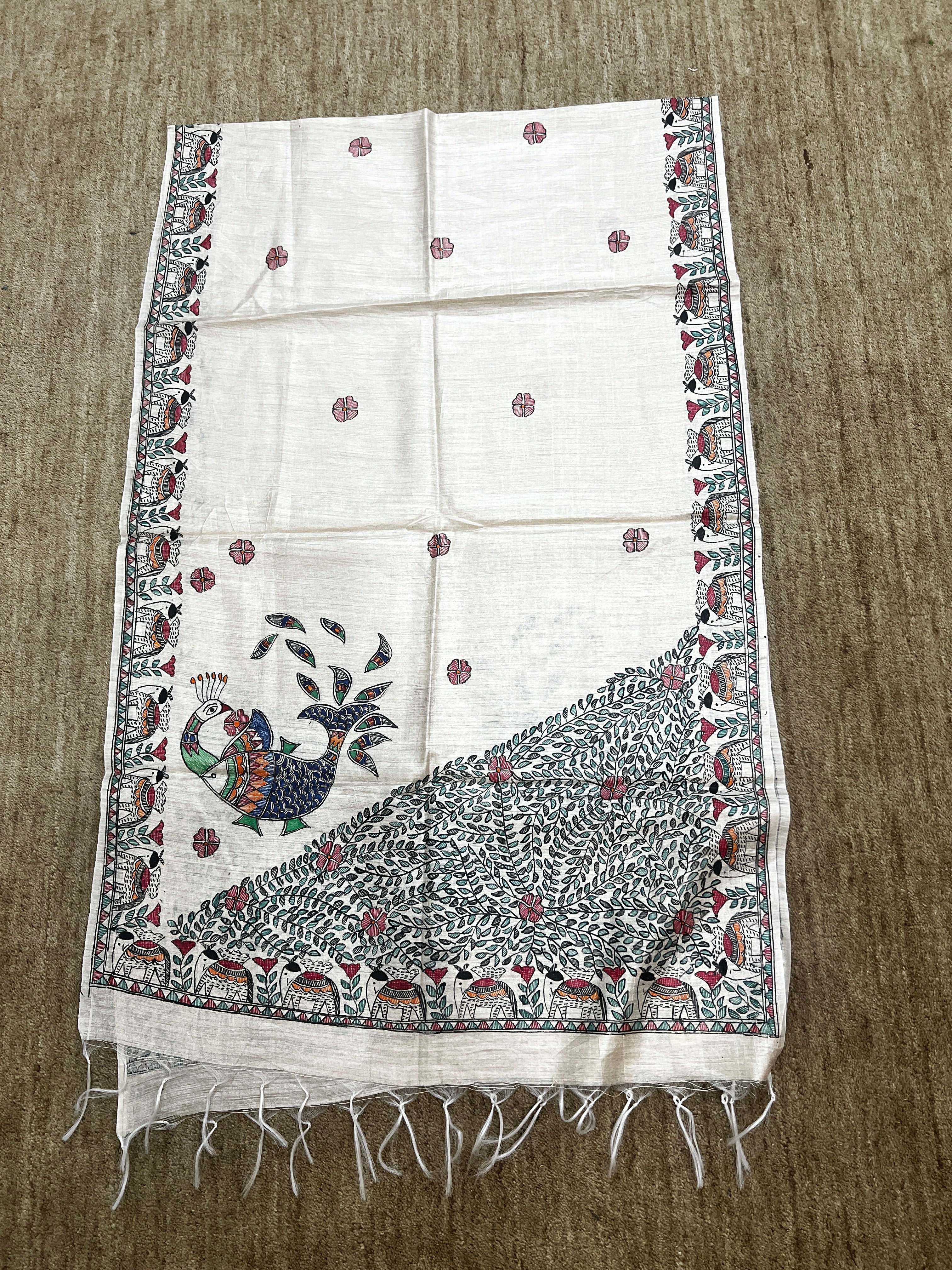 Hand-painted Beige Tussar Munga Silk Stole with Elephant and Peacock Motif & Floral Vine Design