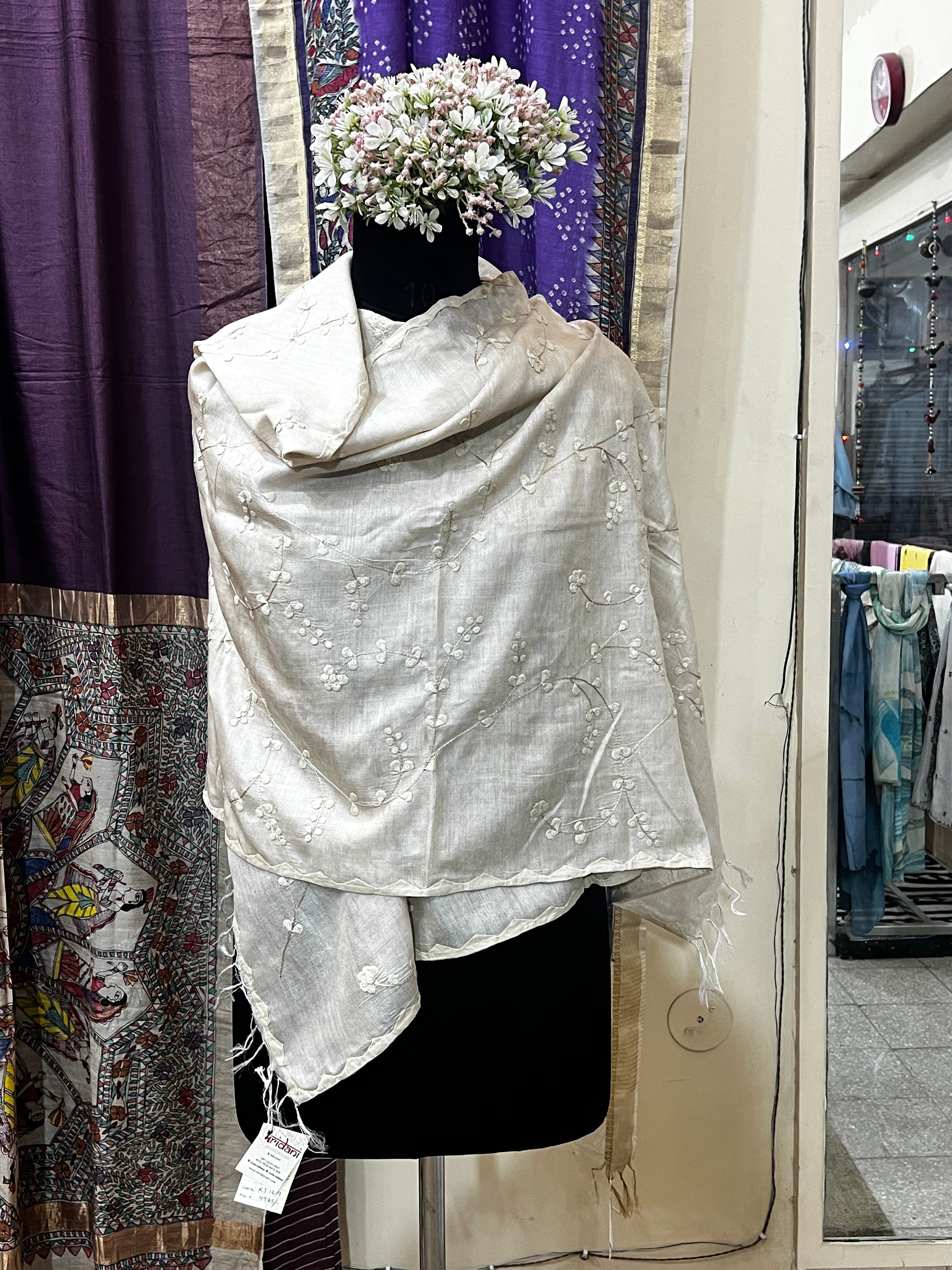 Hand-Painted Beige Tussar Munga Silk Appliqué Work Stole with Patti Embroidery