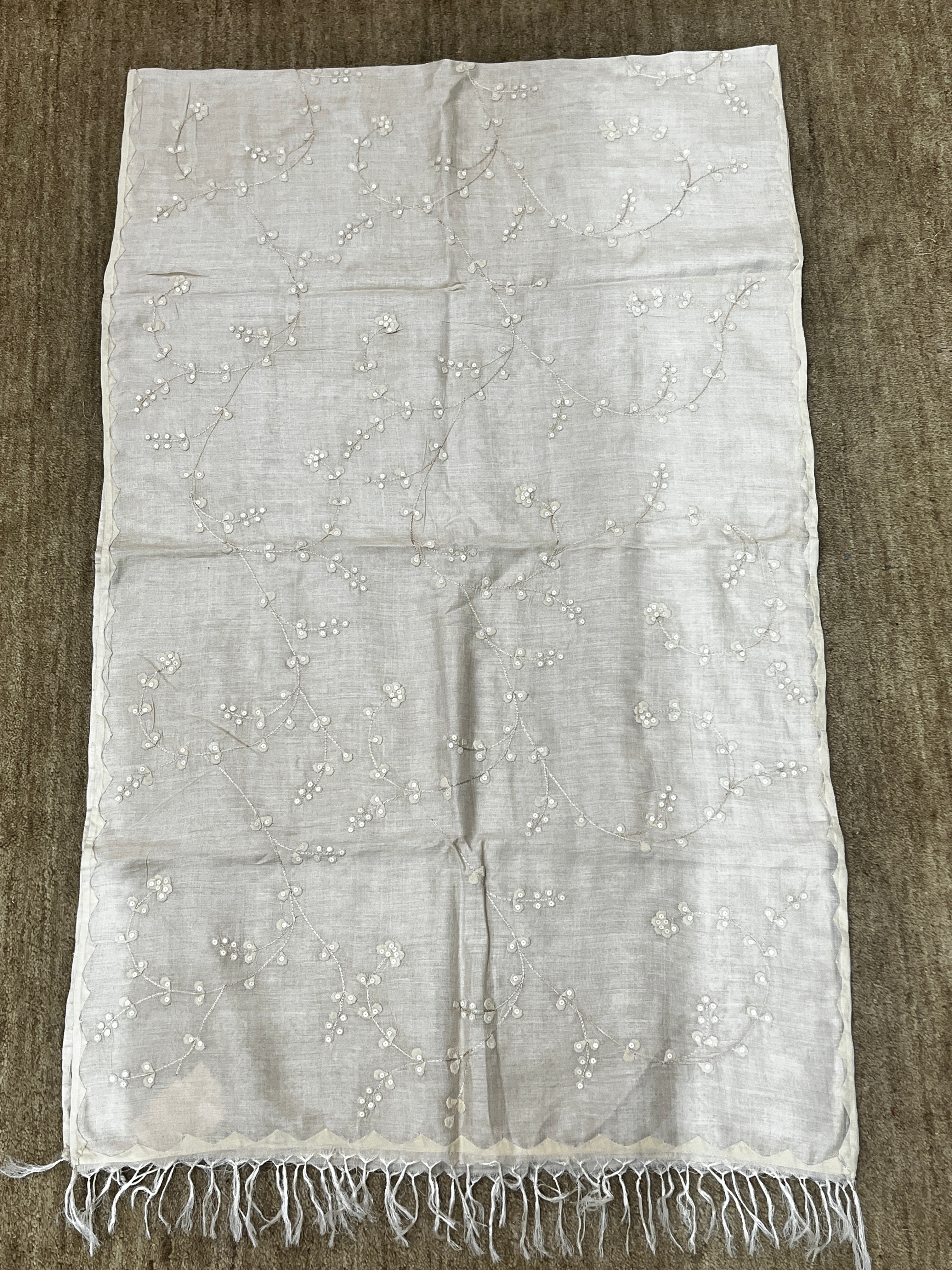 Hand-Painted Beige Tussar Munga Silk Appliqué Work Stole with Patti Embroidery