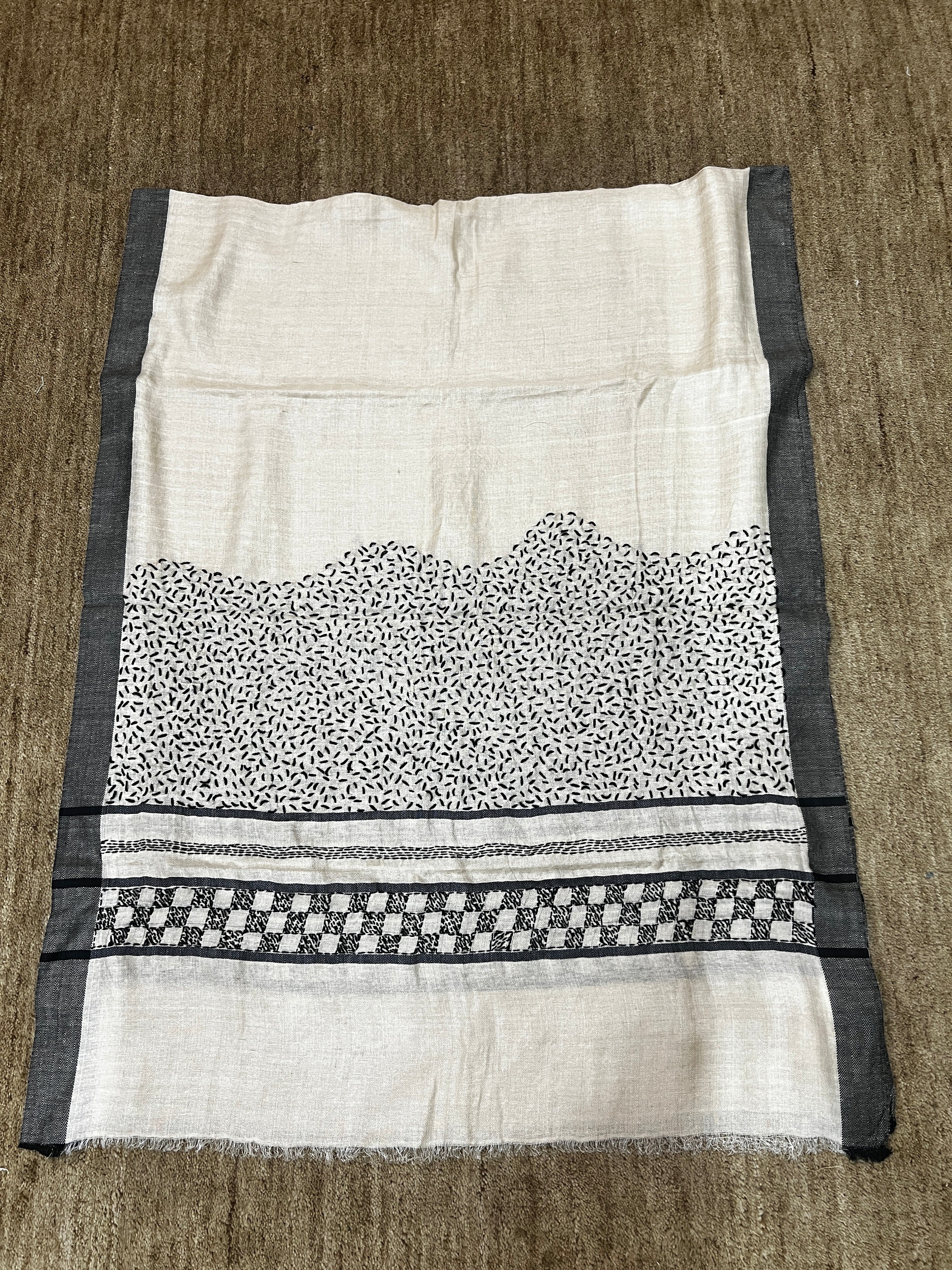 Hand-Embroidery Tussar Munga Silk Stole with Black Border and Intricate Sujni