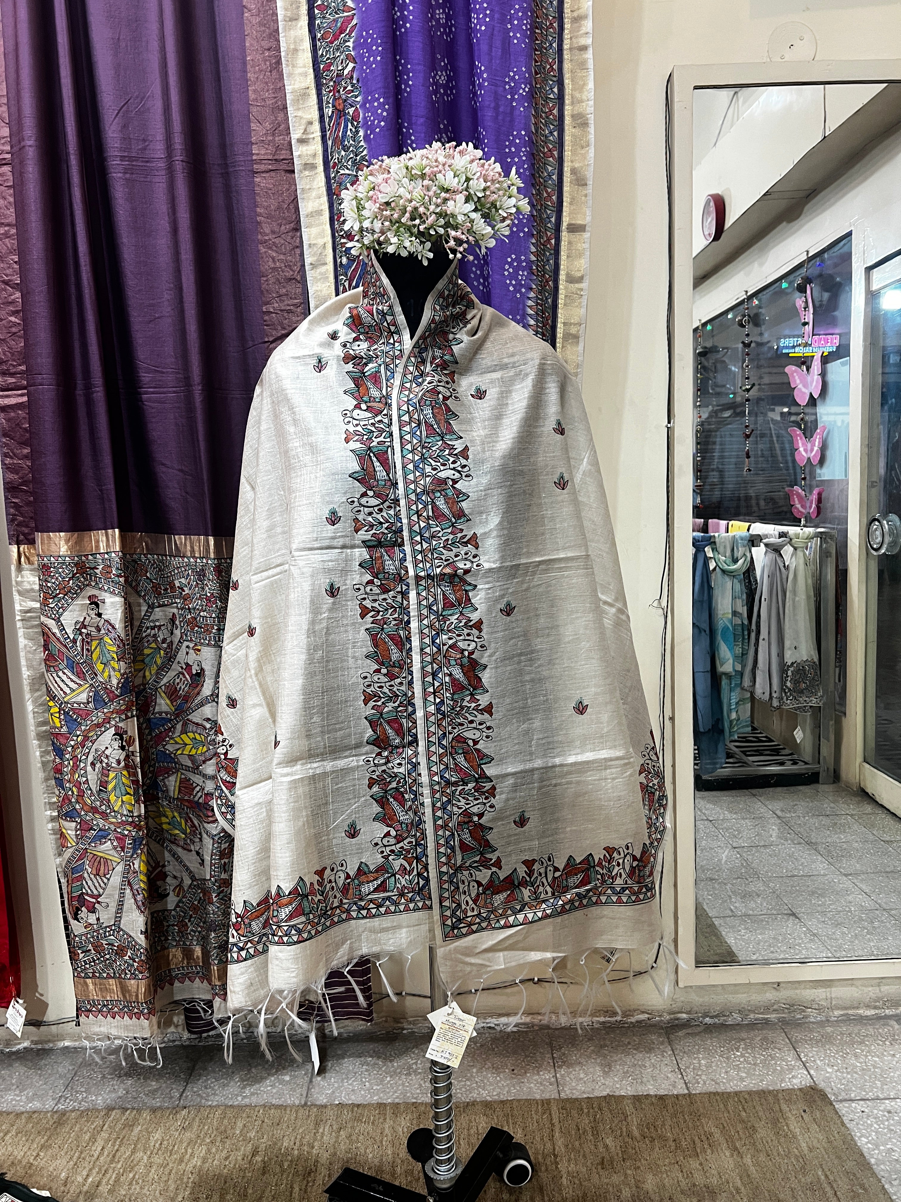 Hand-Painted Beige Tussar Munga Silk Madhubani Stole with Peacock Border & Buti Design