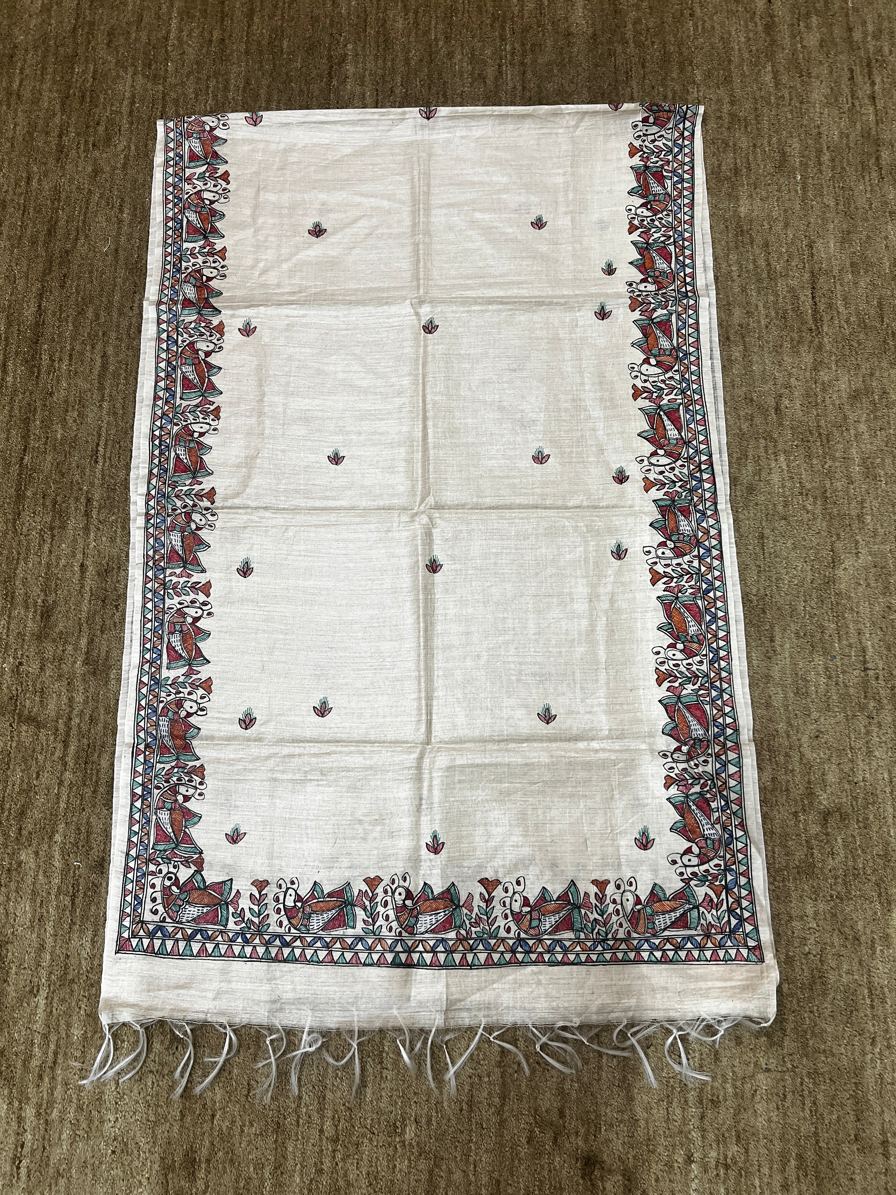 Hand-Painted Beige Tussar Munga Silk Madhubani Stole with Peacock Border & Buti Design