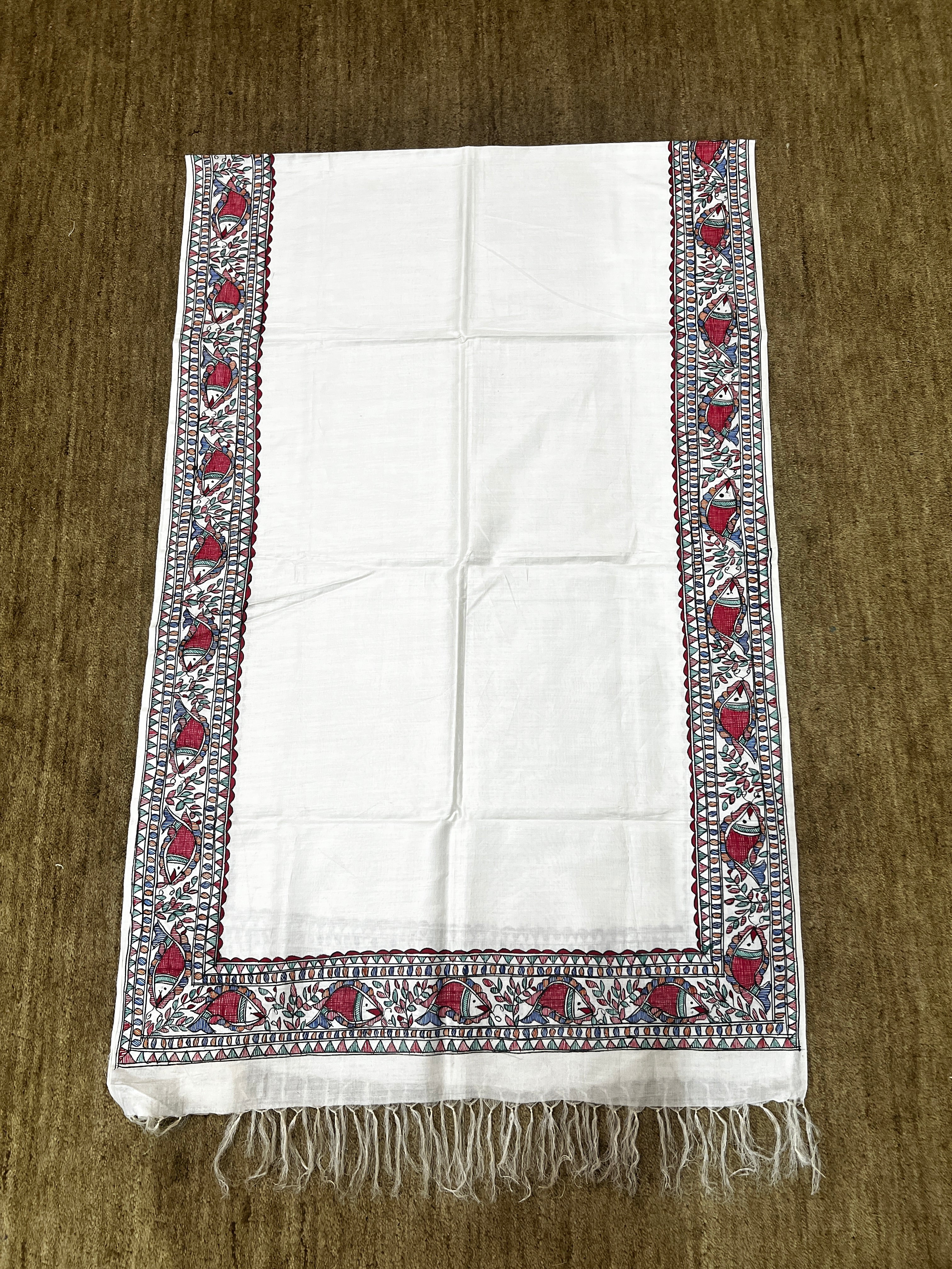Premium White Tussar Munga Silk Hand-Painted Madhubani Fish Motif Stole
