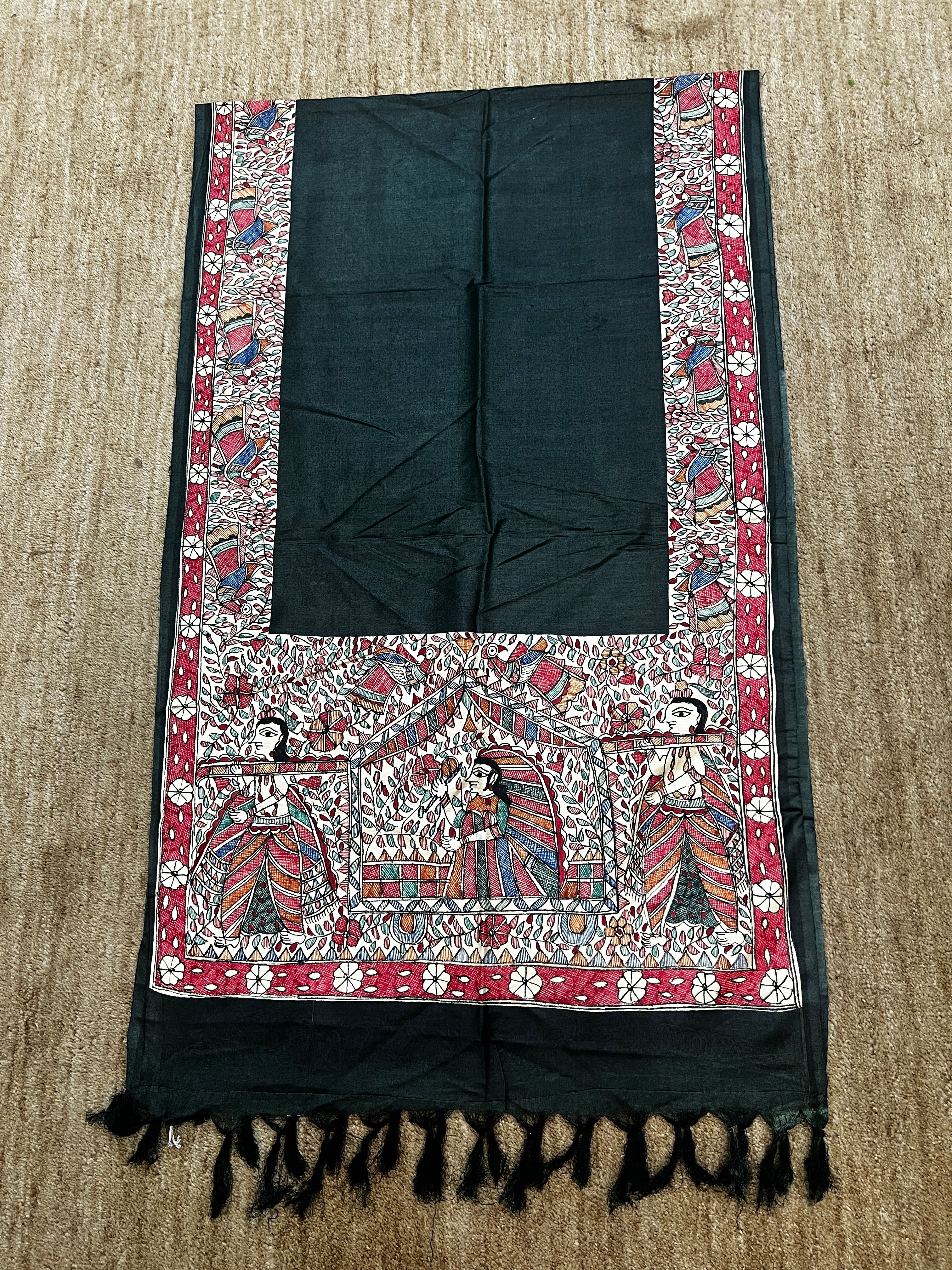 Premium Dark Green Cotton Silk Hand-Painted Madhubani Doli Ka Haar Theme Stole