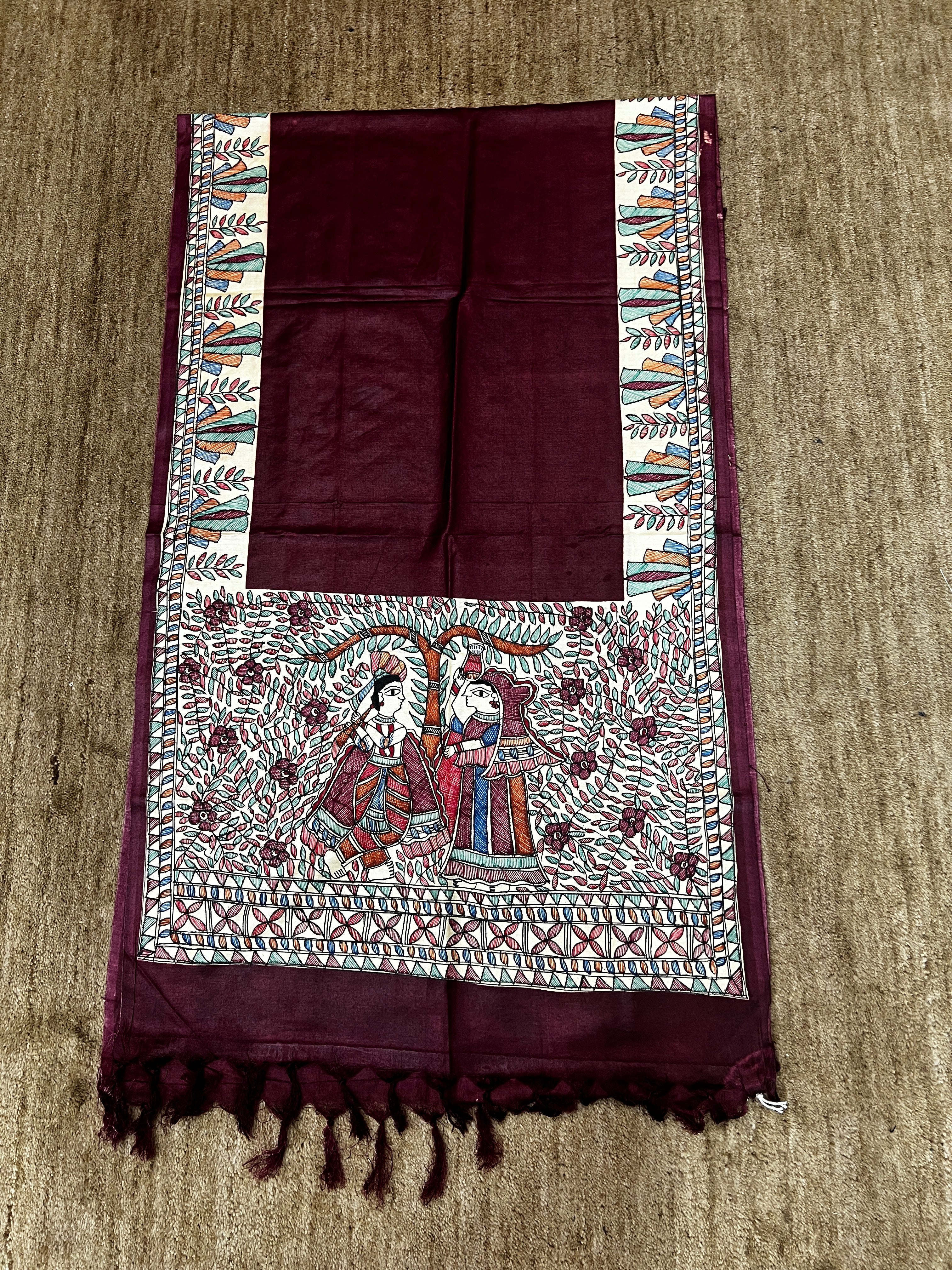 Premium Wine Cotton Silk Hand-Painted Madhubani Radha Krishna Theme Stole with Floral Vines