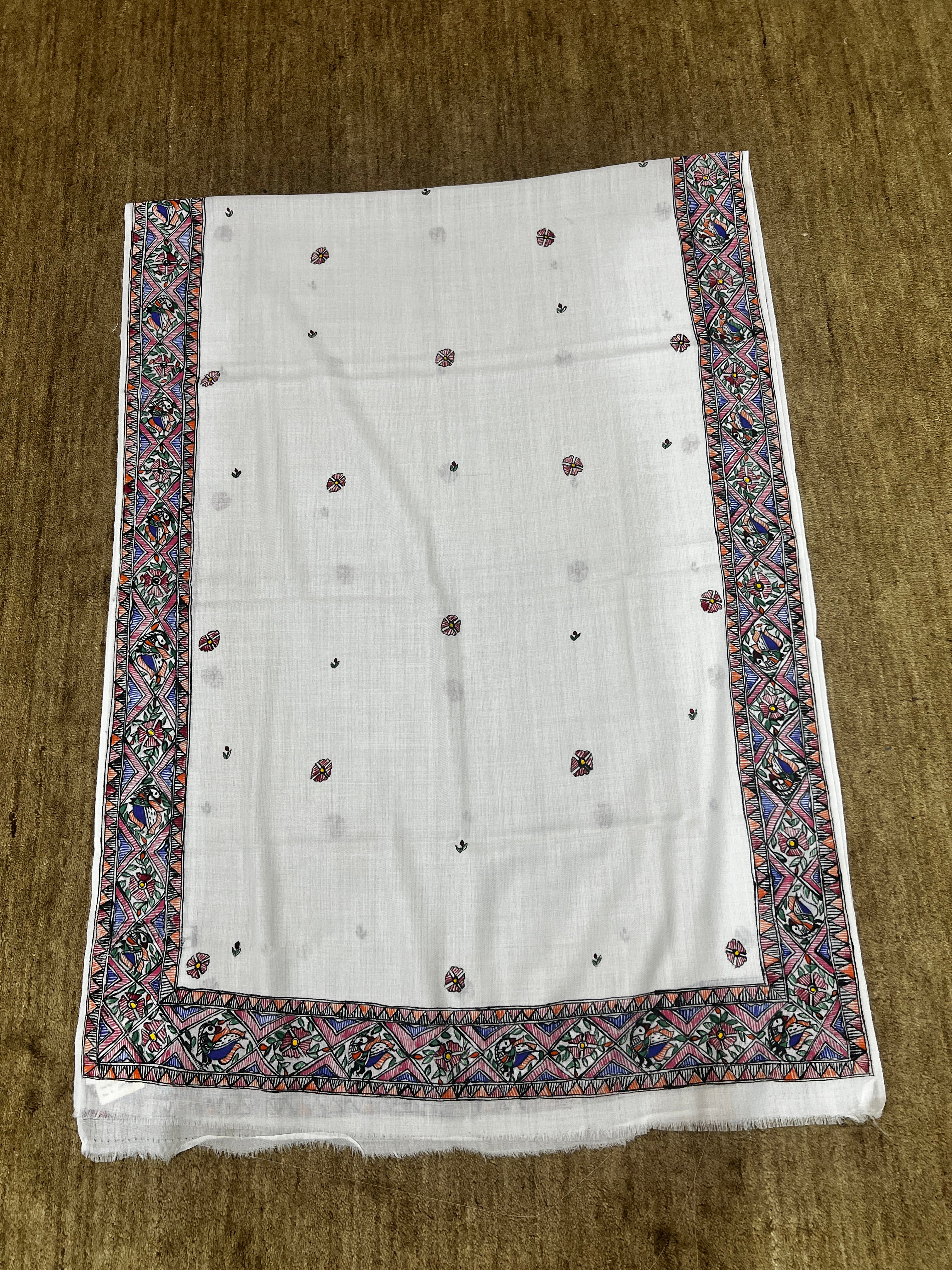 Premium White Pashmina Hand-Painted Madhubani Peacock Motif Stole with Floral Butis