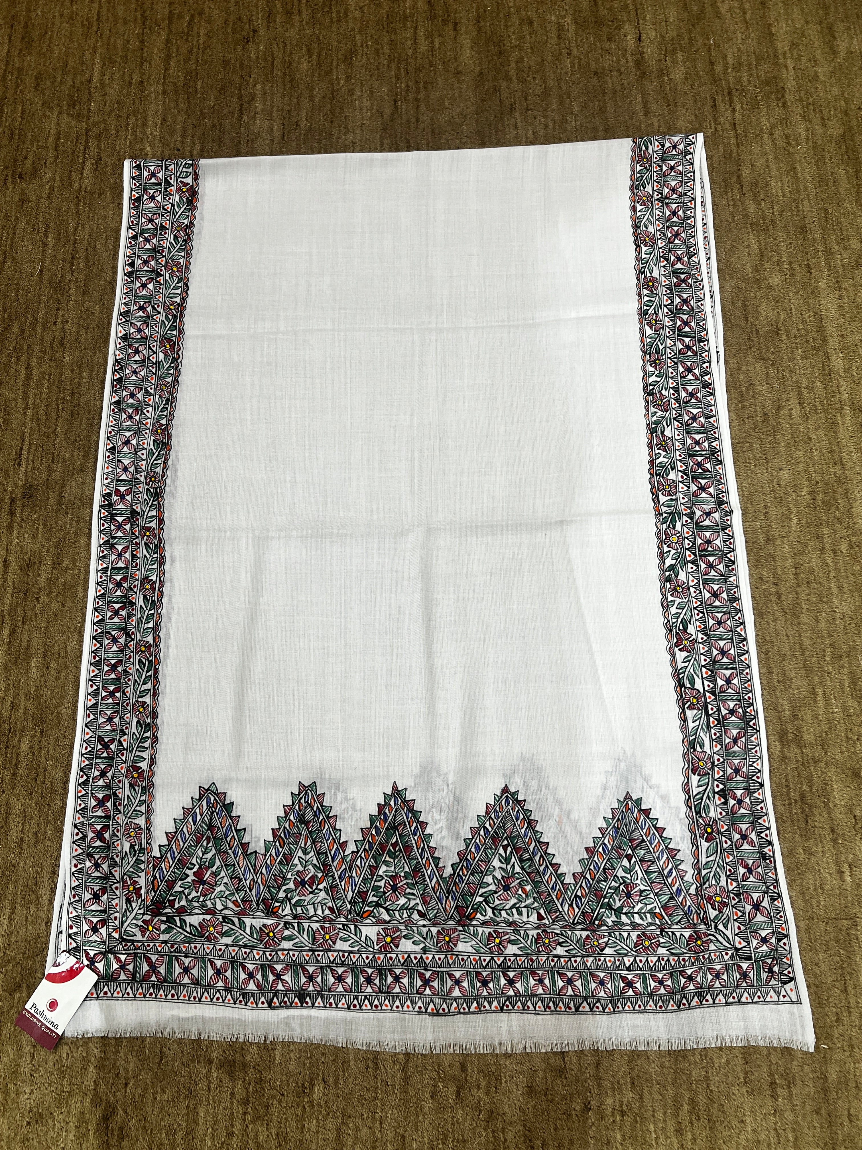 Premium White Pashmina Hand-Painted Madhubani Floral Vine Stole