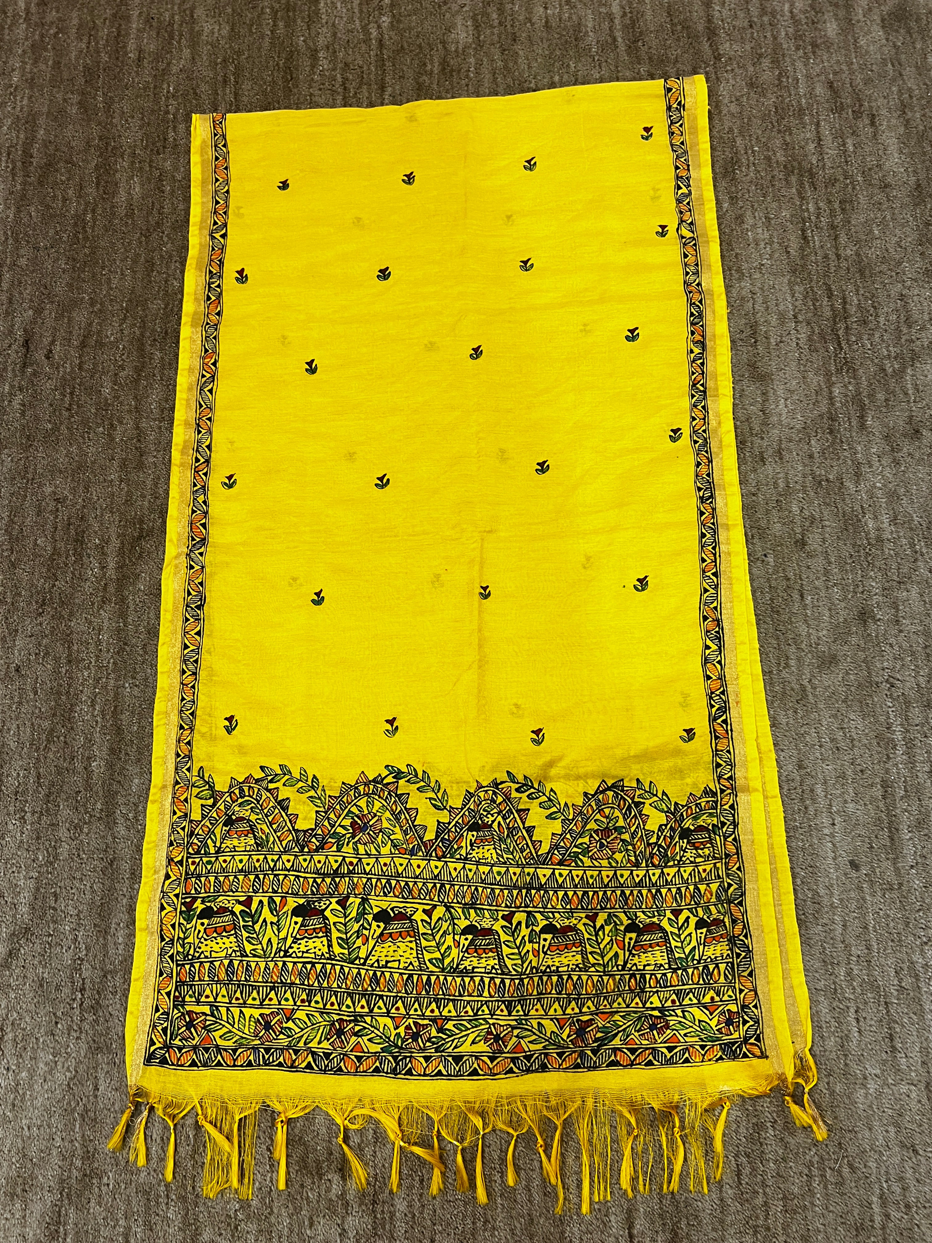 Premium Katan Silk Hand-Painted Madhubani Elephant Motif Stole with Floral Butis