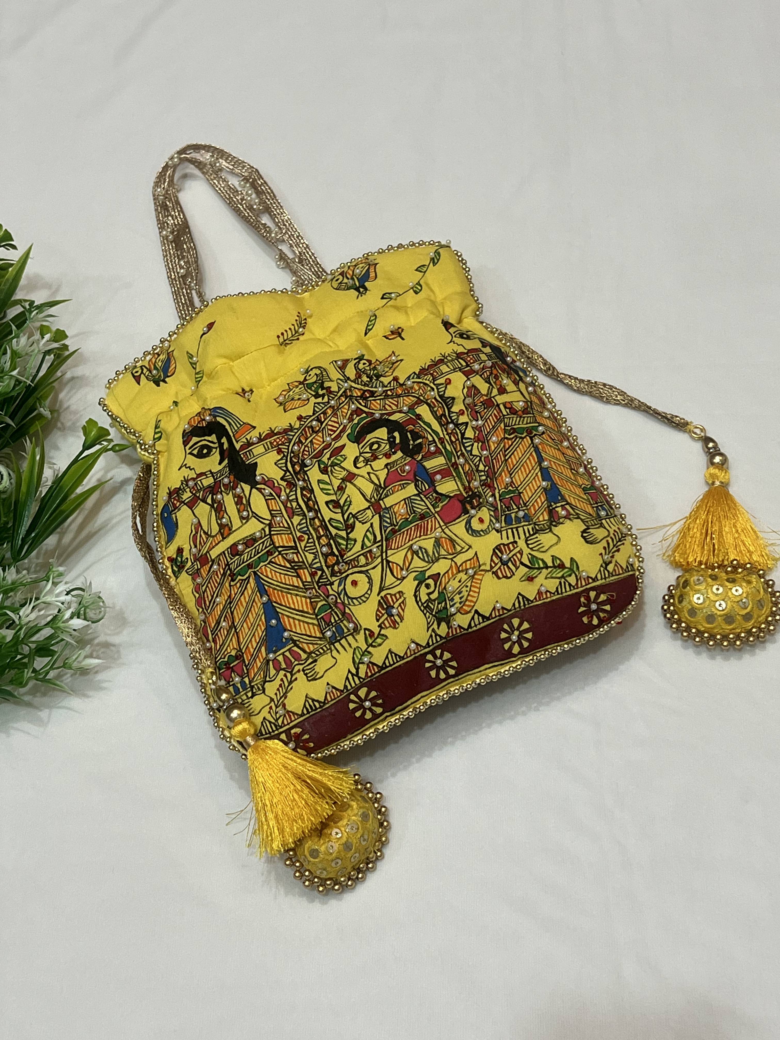 Hand-Painted Madhubani Yellow Potli with Doli Ka Haar Motif