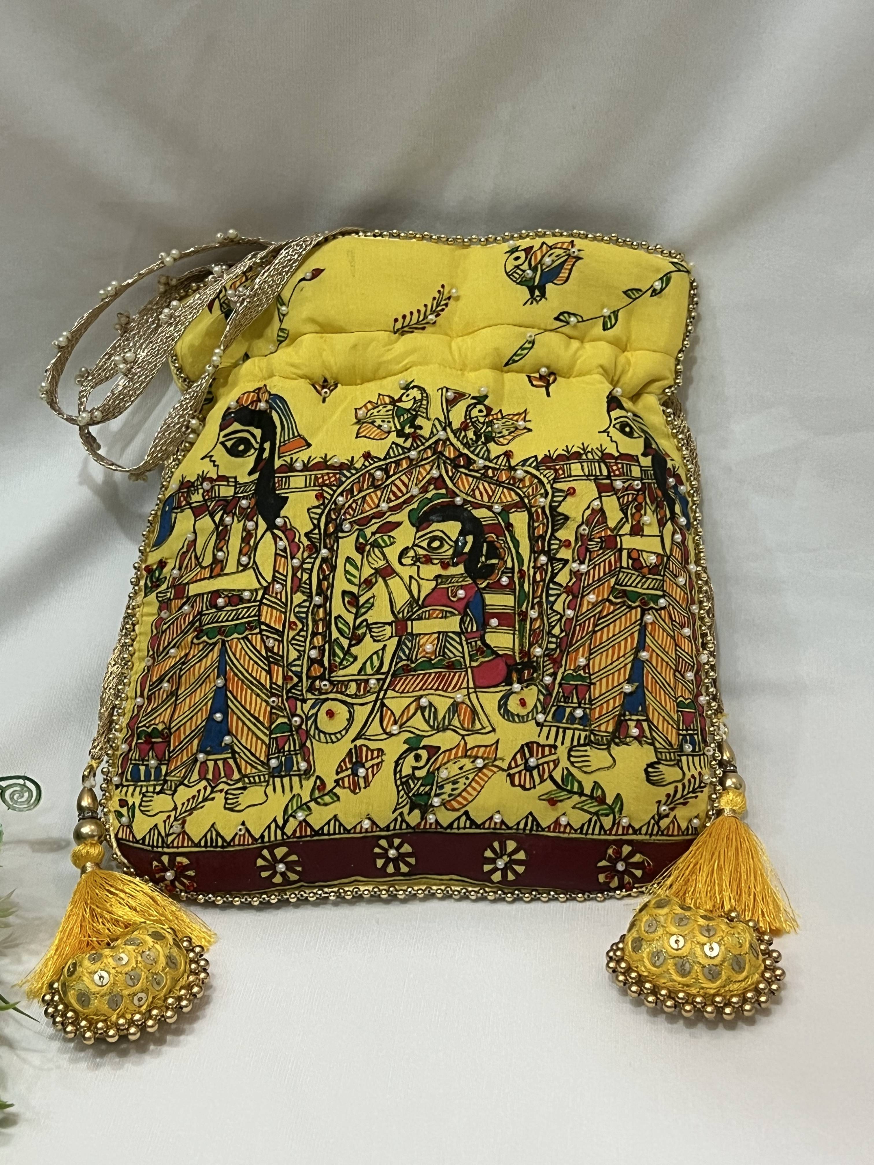 Hand-Painted Madhubani Yellow Potli with Doli Ka Haar Motif