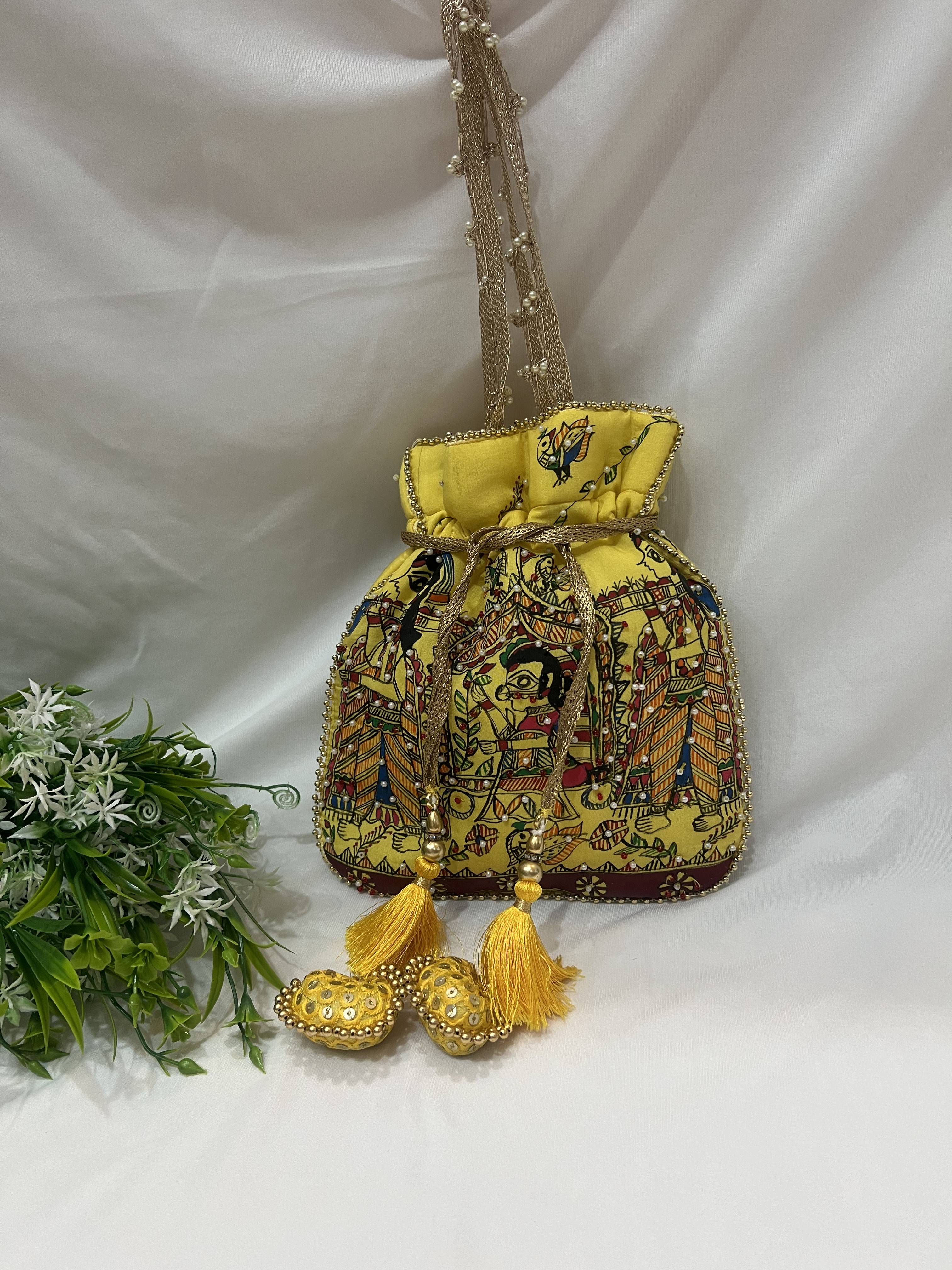 Hand-Painted Madhubani Yellow Potli with Doli Ka Haar Motif