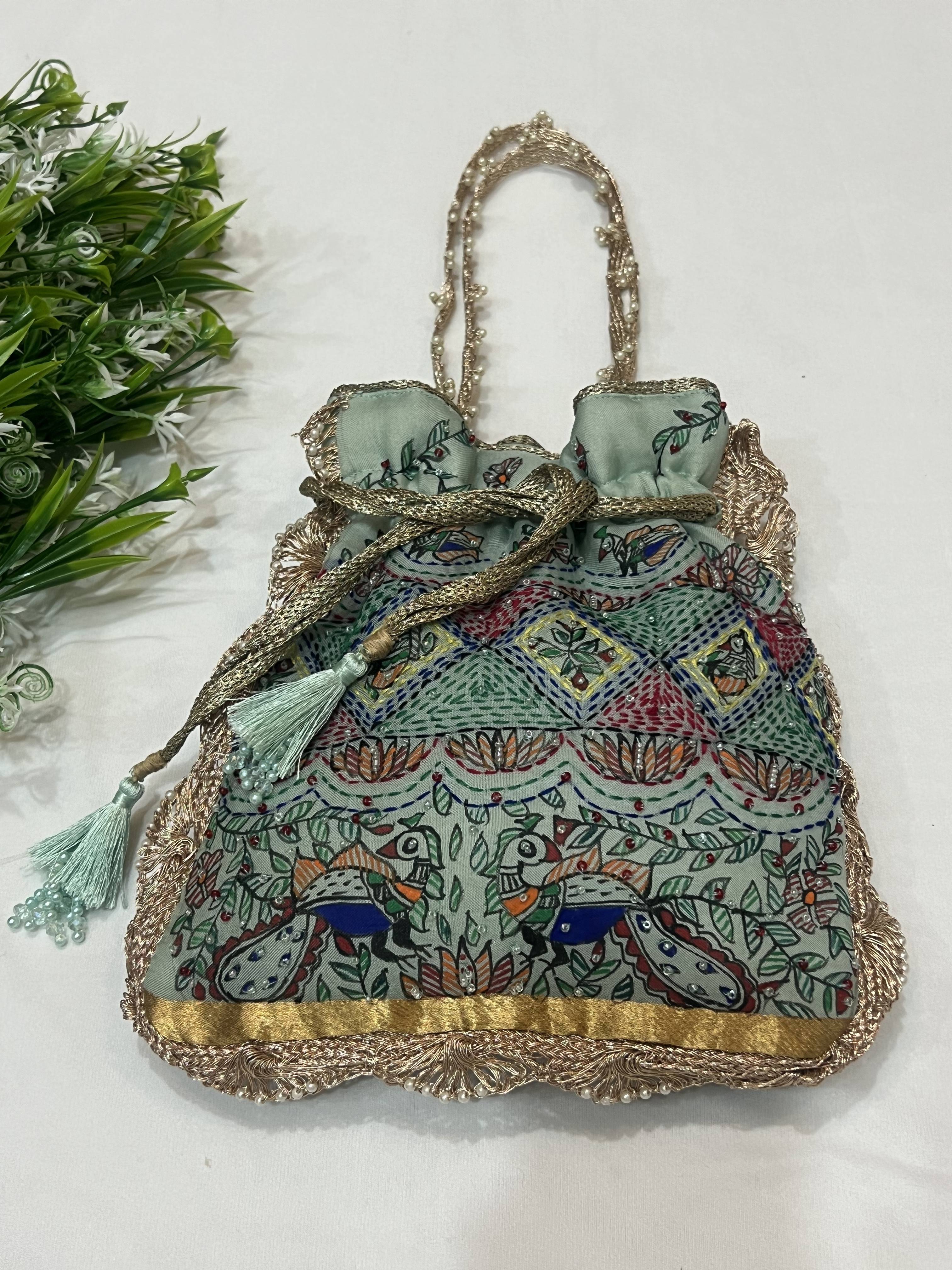 Hand-Painted Potli with Madhubani and Sujni Hand Embroidery