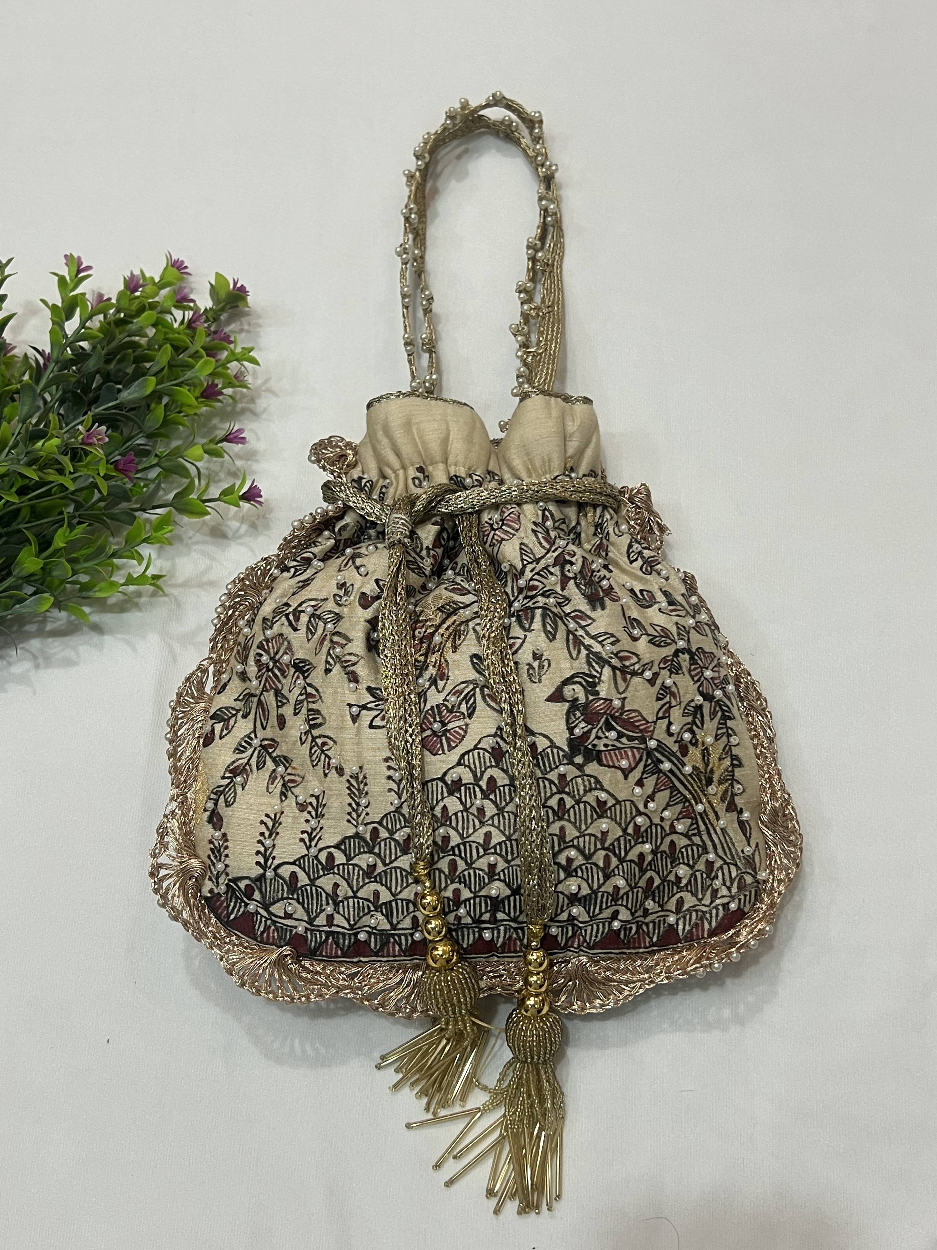 Hand-Painted Madhubani Tree of Life Potli on Beige