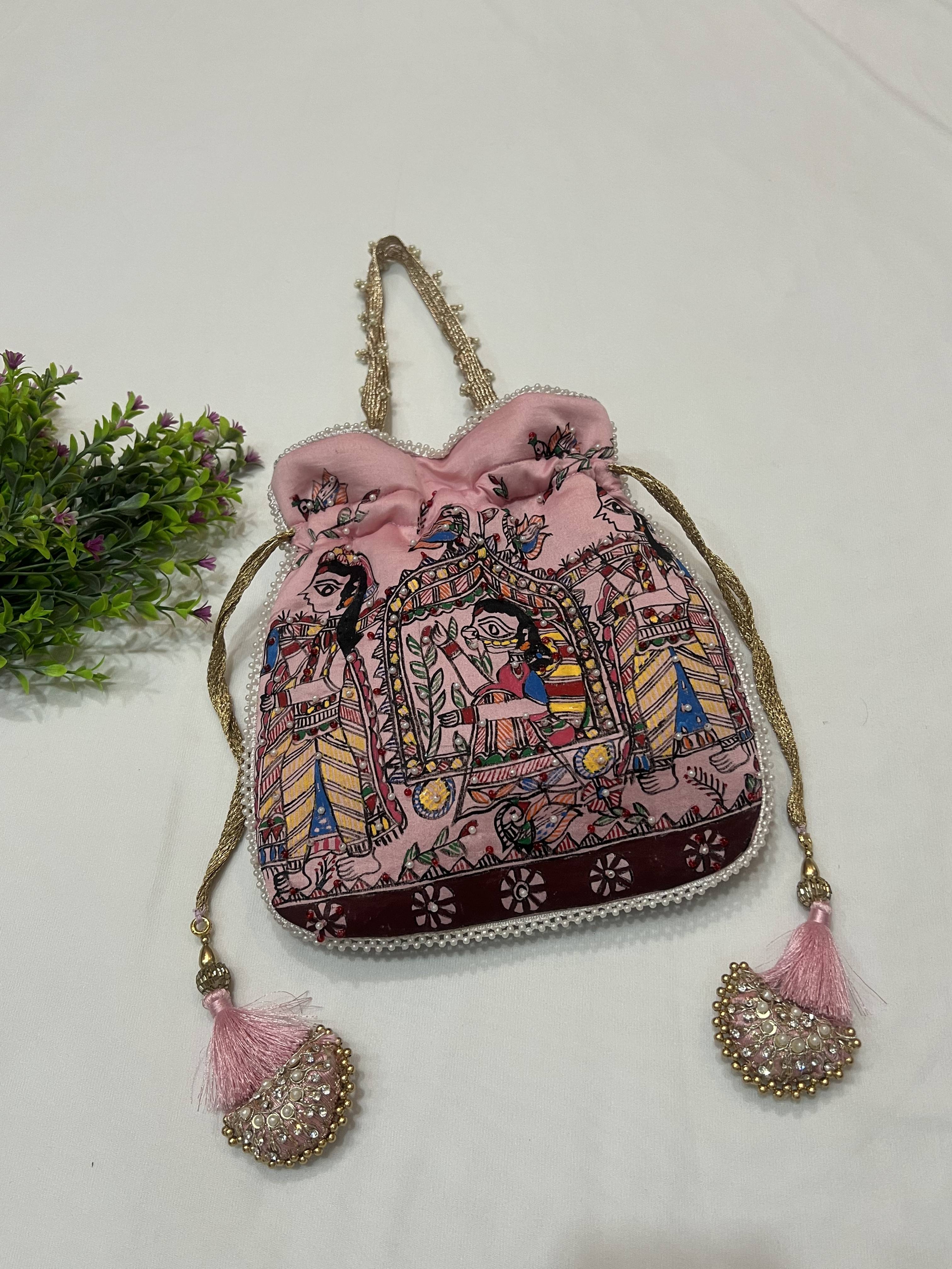 Hand-Painted Madhubani Pink Potli with Doli Ka Haar Motif