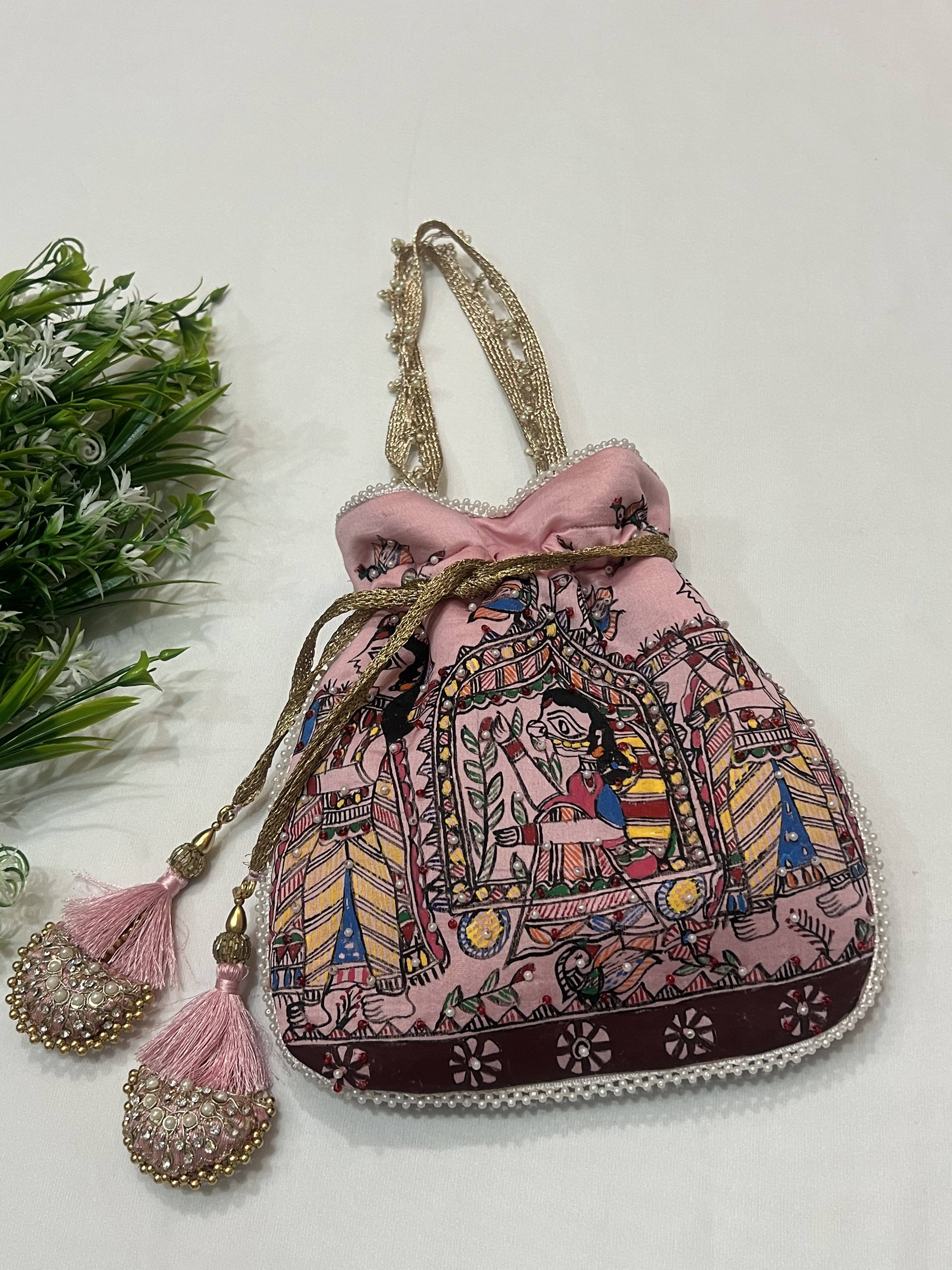 Hand-Painted Madhubani Pink Potli with Doli Ka Haar Motif
