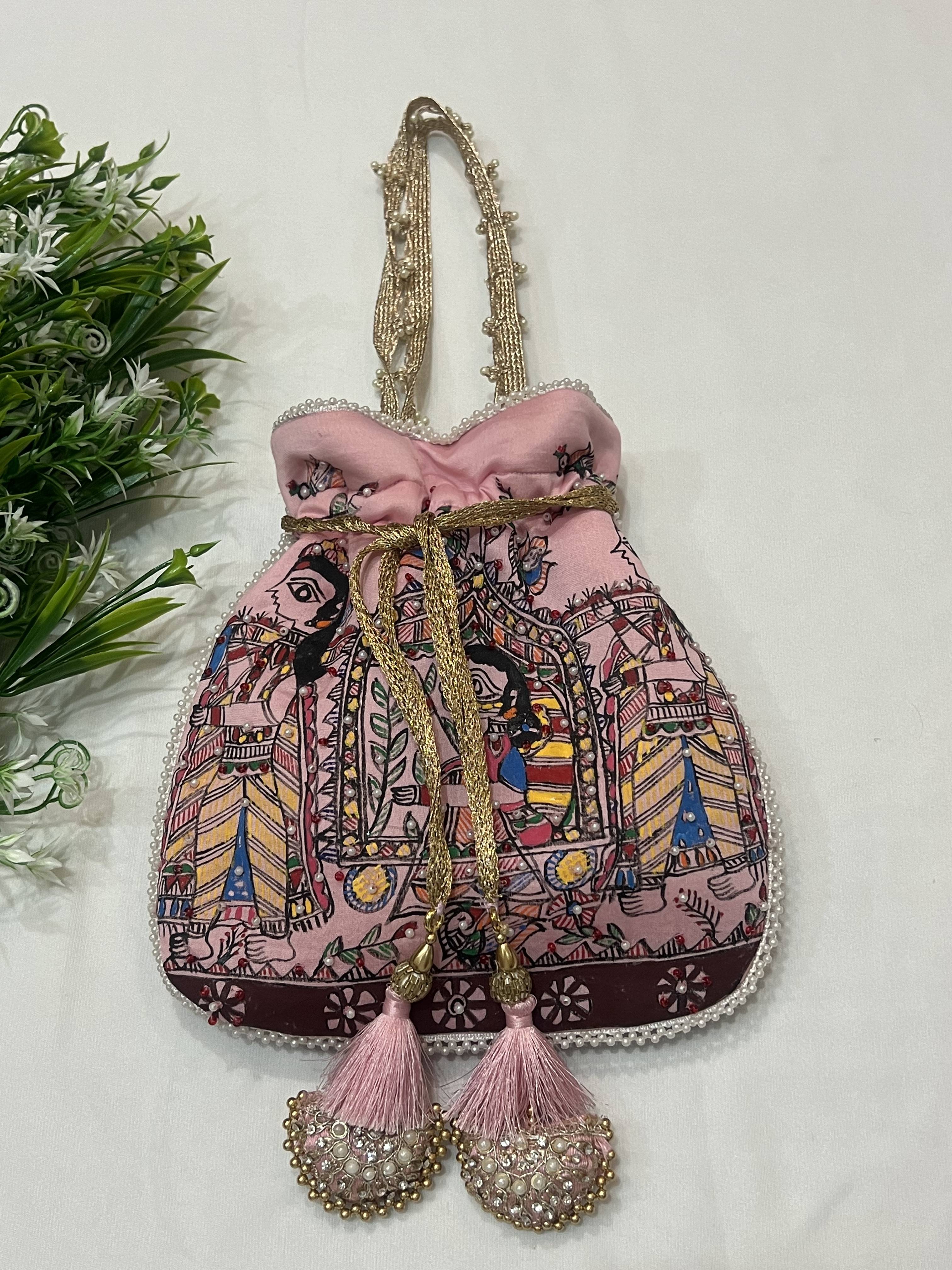 Hand-Painted Madhubani Pink Potli with Doli Ka Haar Motif
