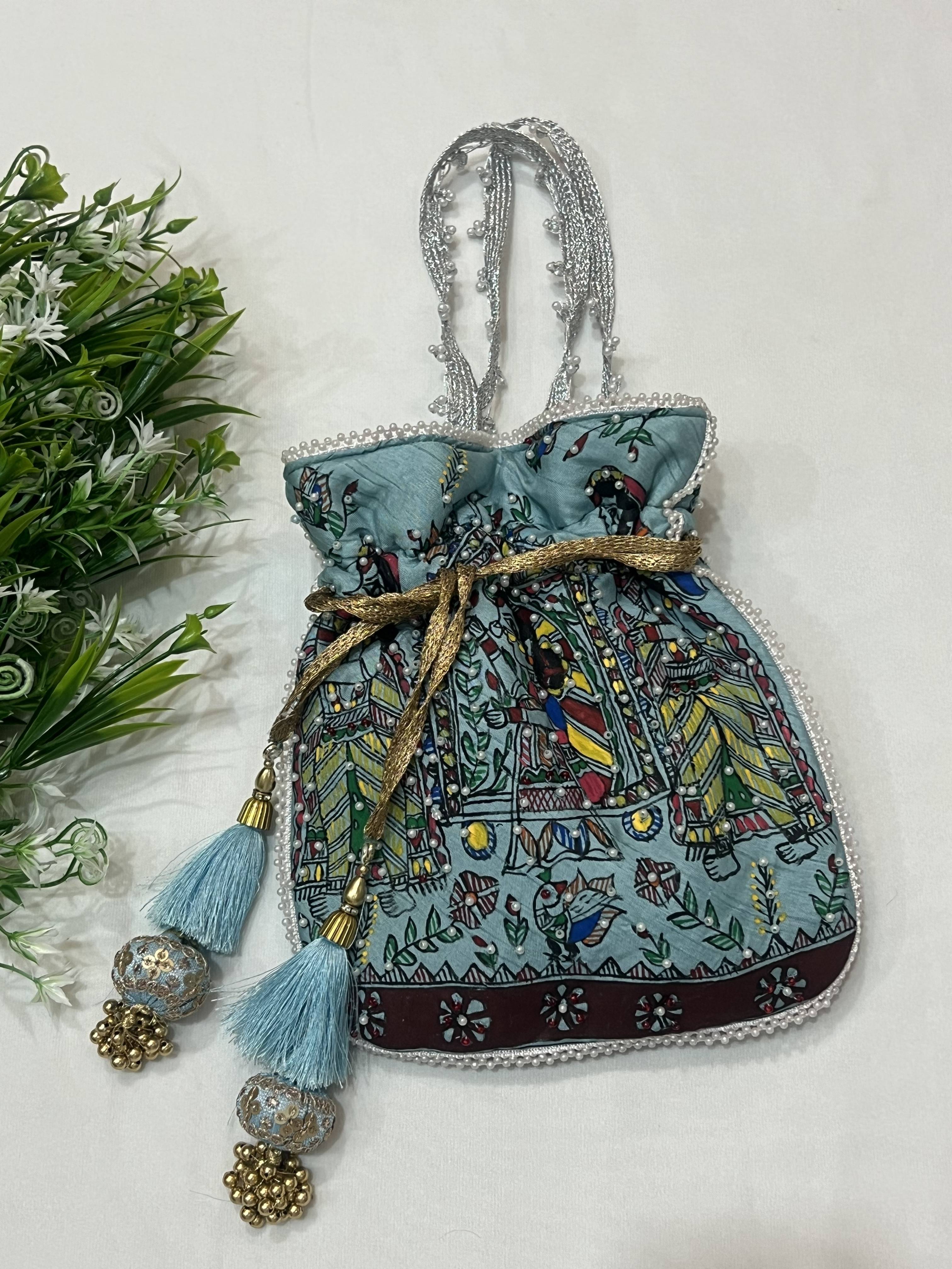 Hand-Painted Madhubani Blue Potli with Doli Ka Haar Motif