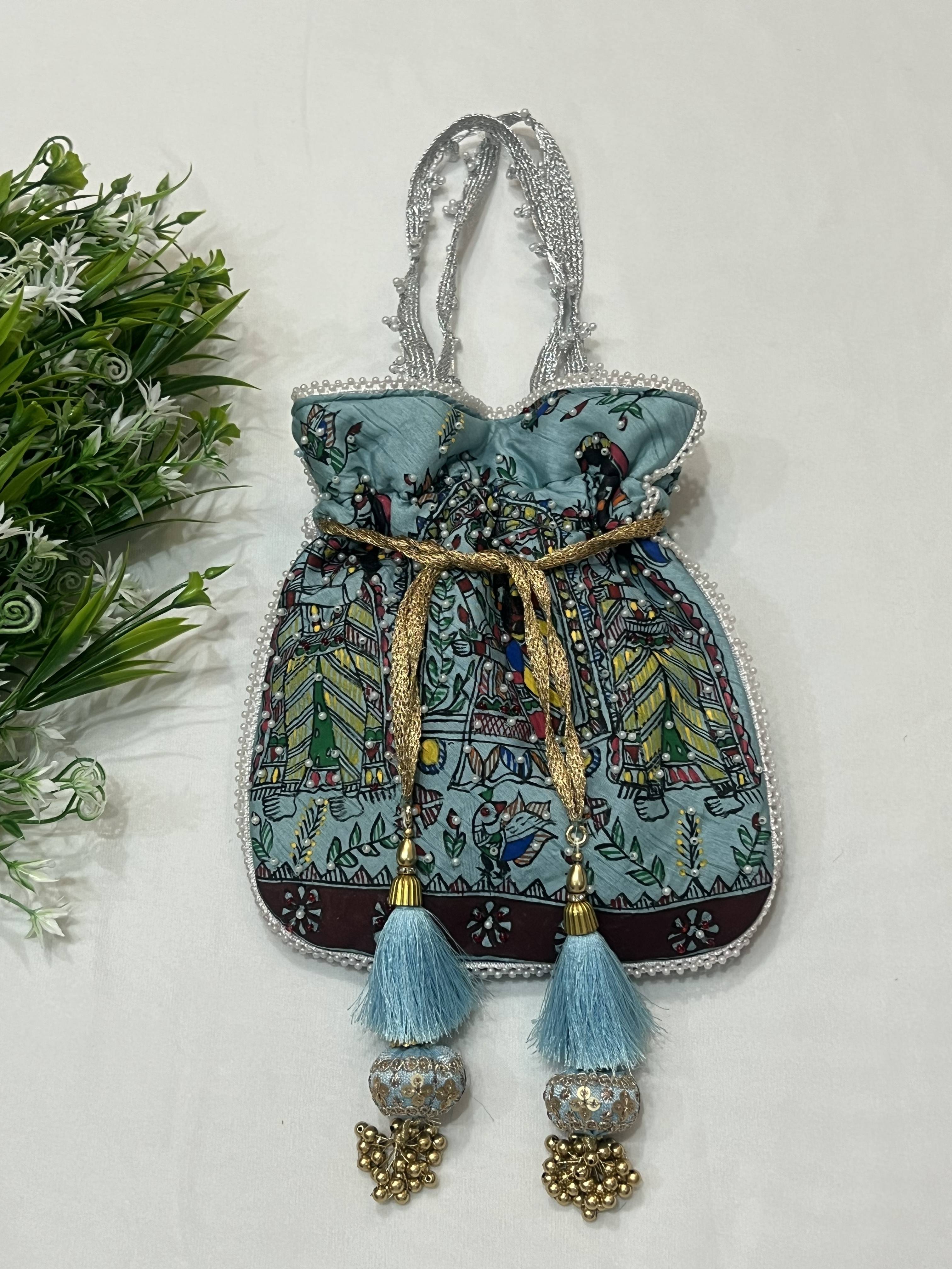 Hand-Painted Madhubani Blue Potli with Doli Ka Haar Motif