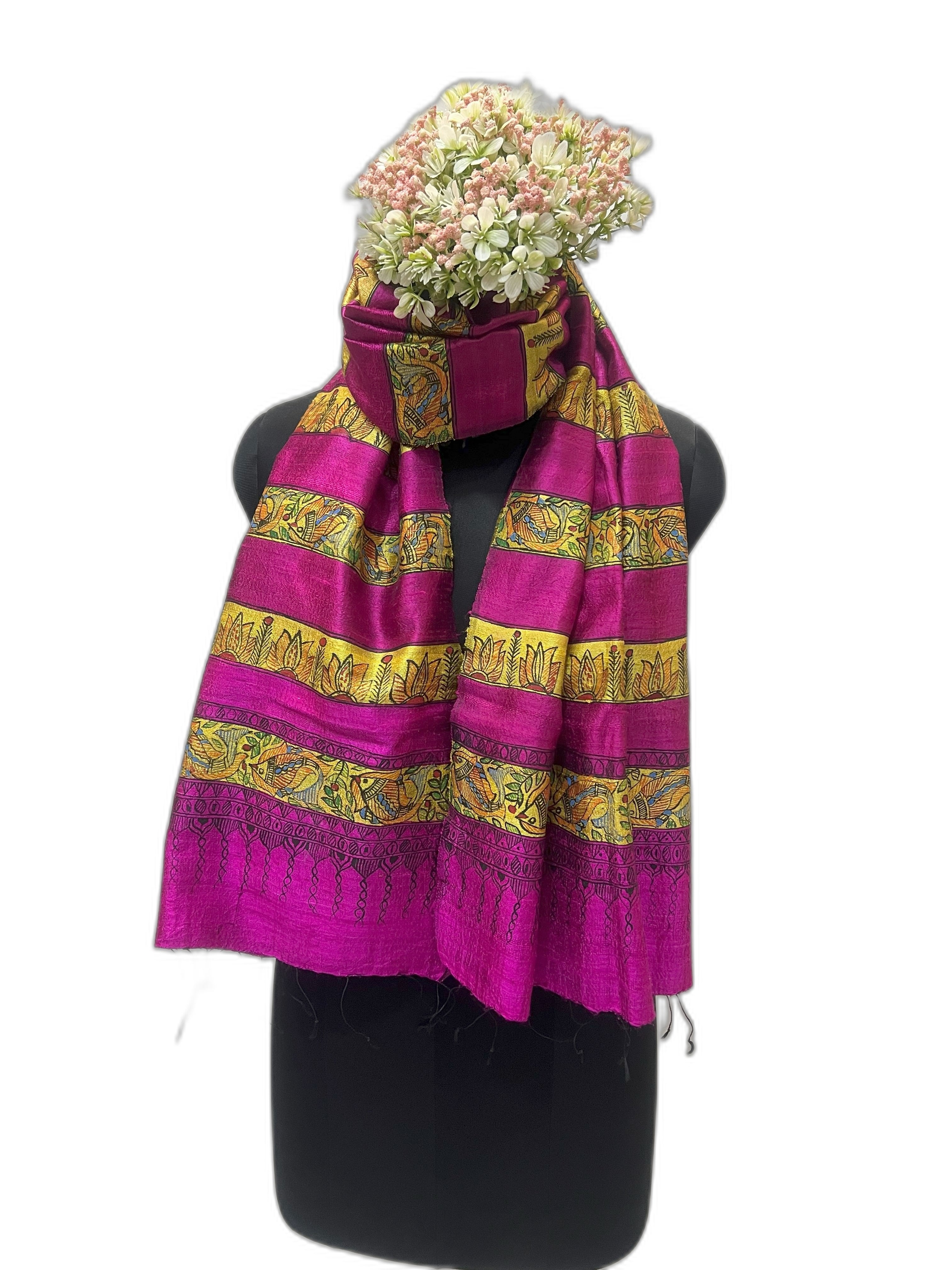 Madhubani stole with fish and lotus motif on hot pink