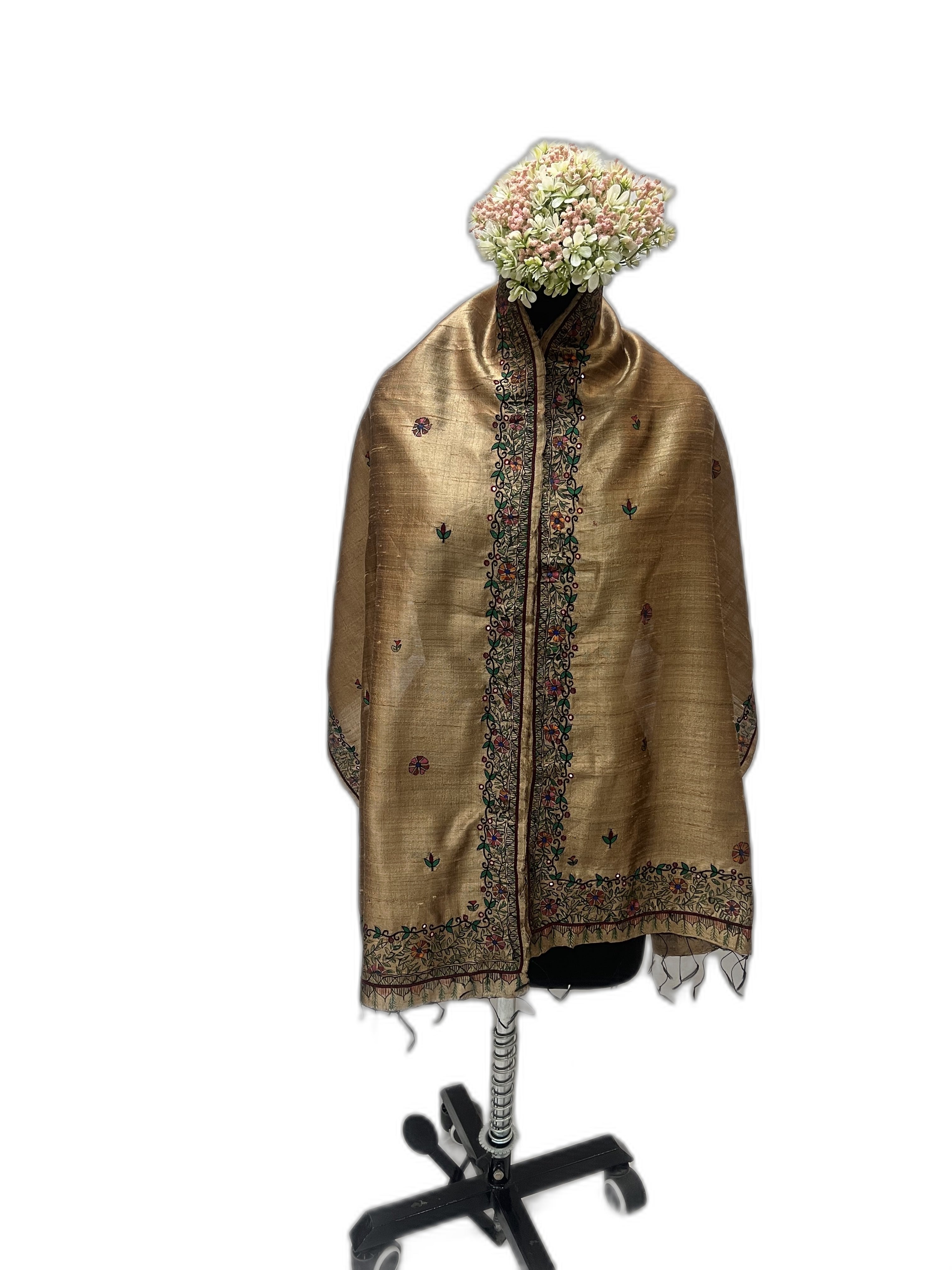 Dupion Silk Stole in Brown with Hand Embroidery (AARI WORK) and Madhubani