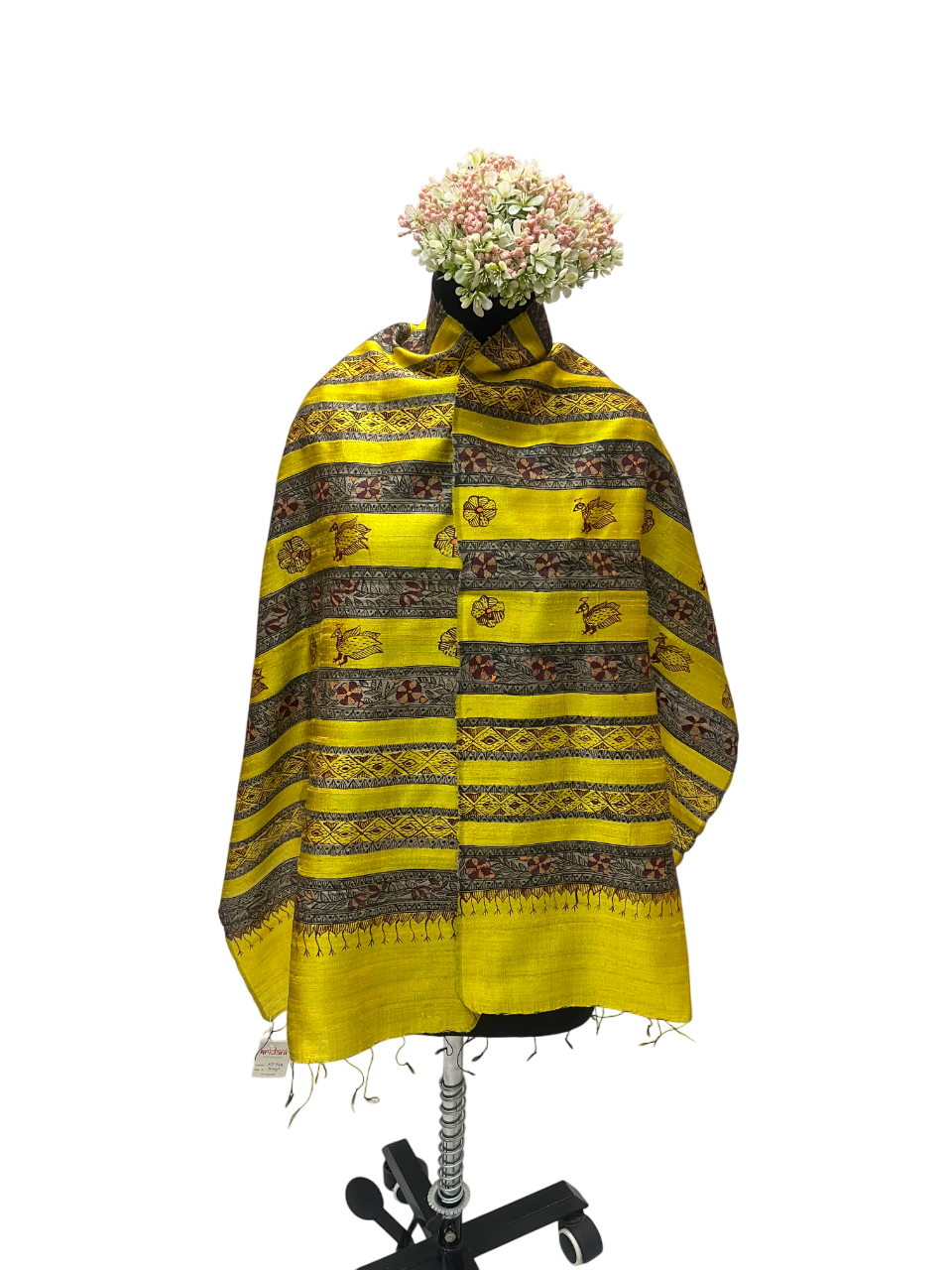 Madhubani Dupion Silk Stole in Yellow with Ghicha Stripes