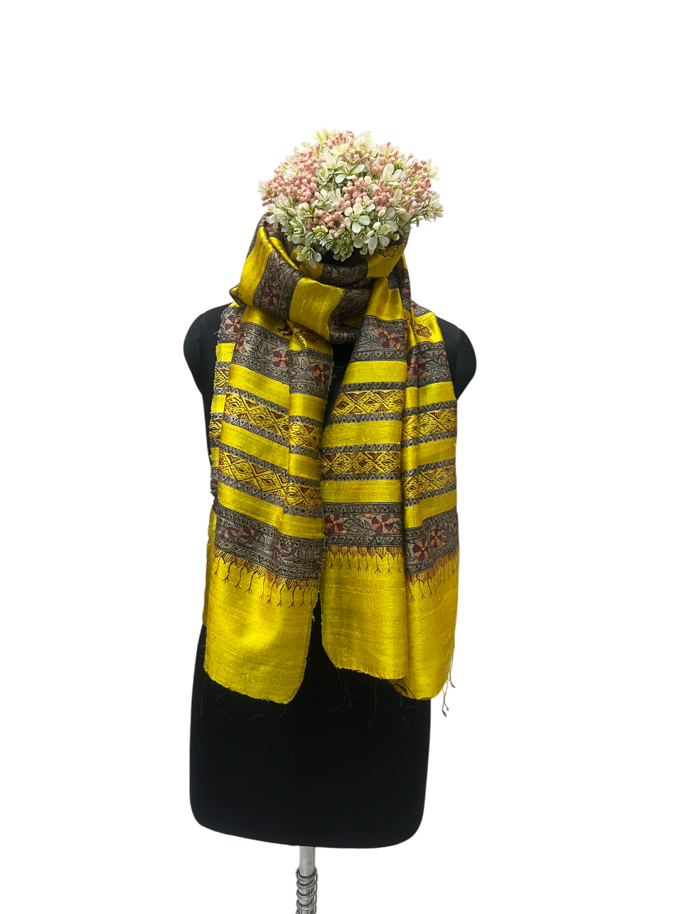 Madhubani Dupion Silk Stole in Yellow with Ghicha Stripes