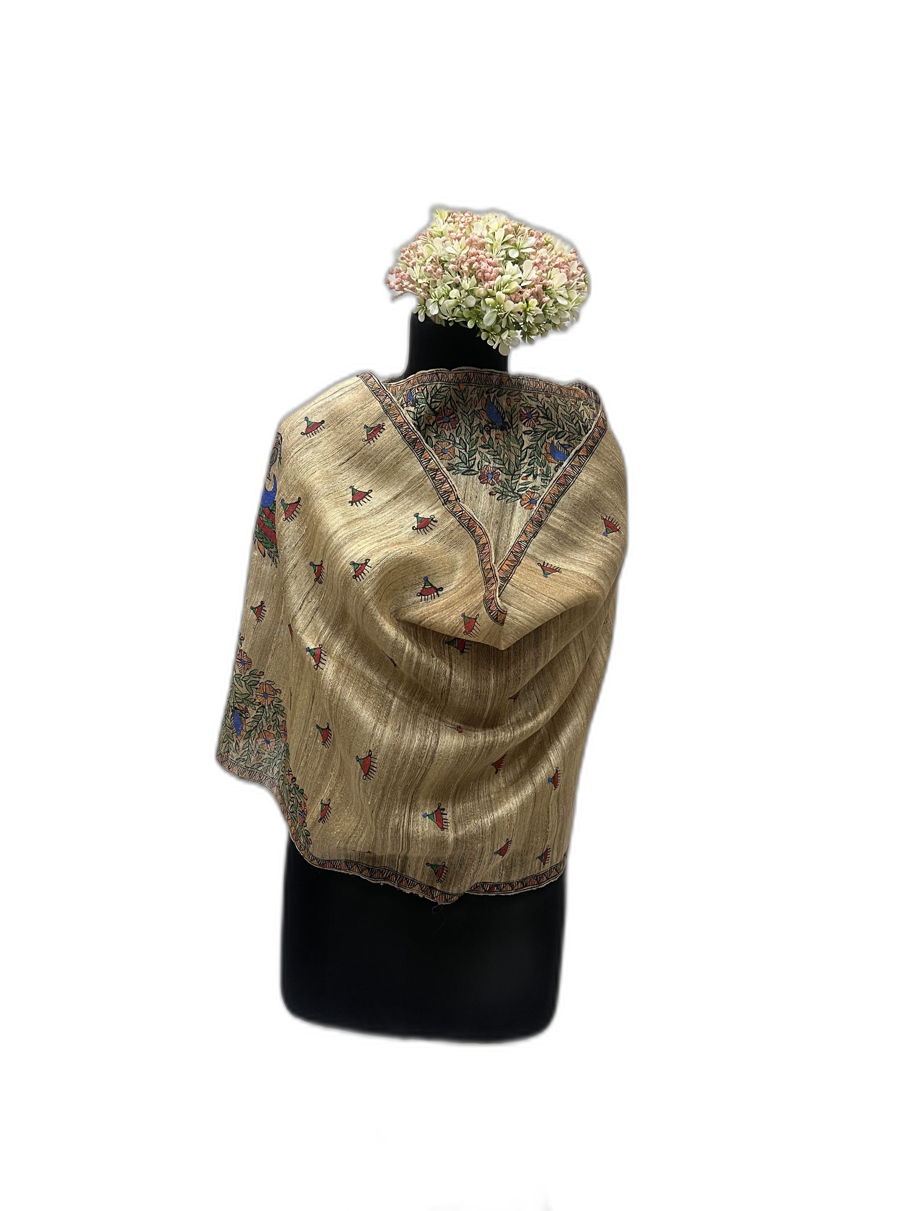 Ghicha Silk Stole in Natural with Handpainted Madhubani Peacock Motif