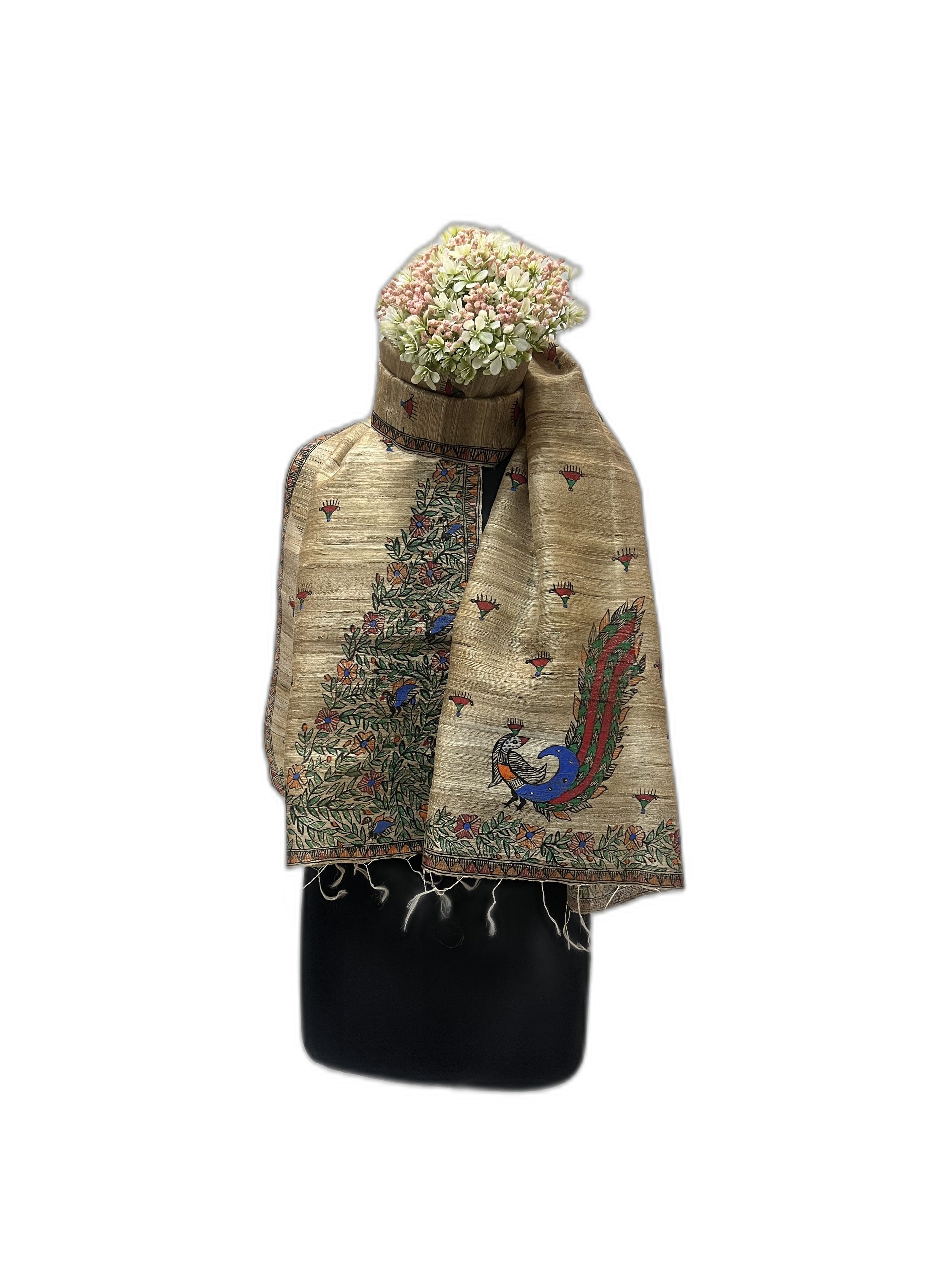 Ghicha Silk Stole in Natural with Handpainted Madhubani Peacock Motif