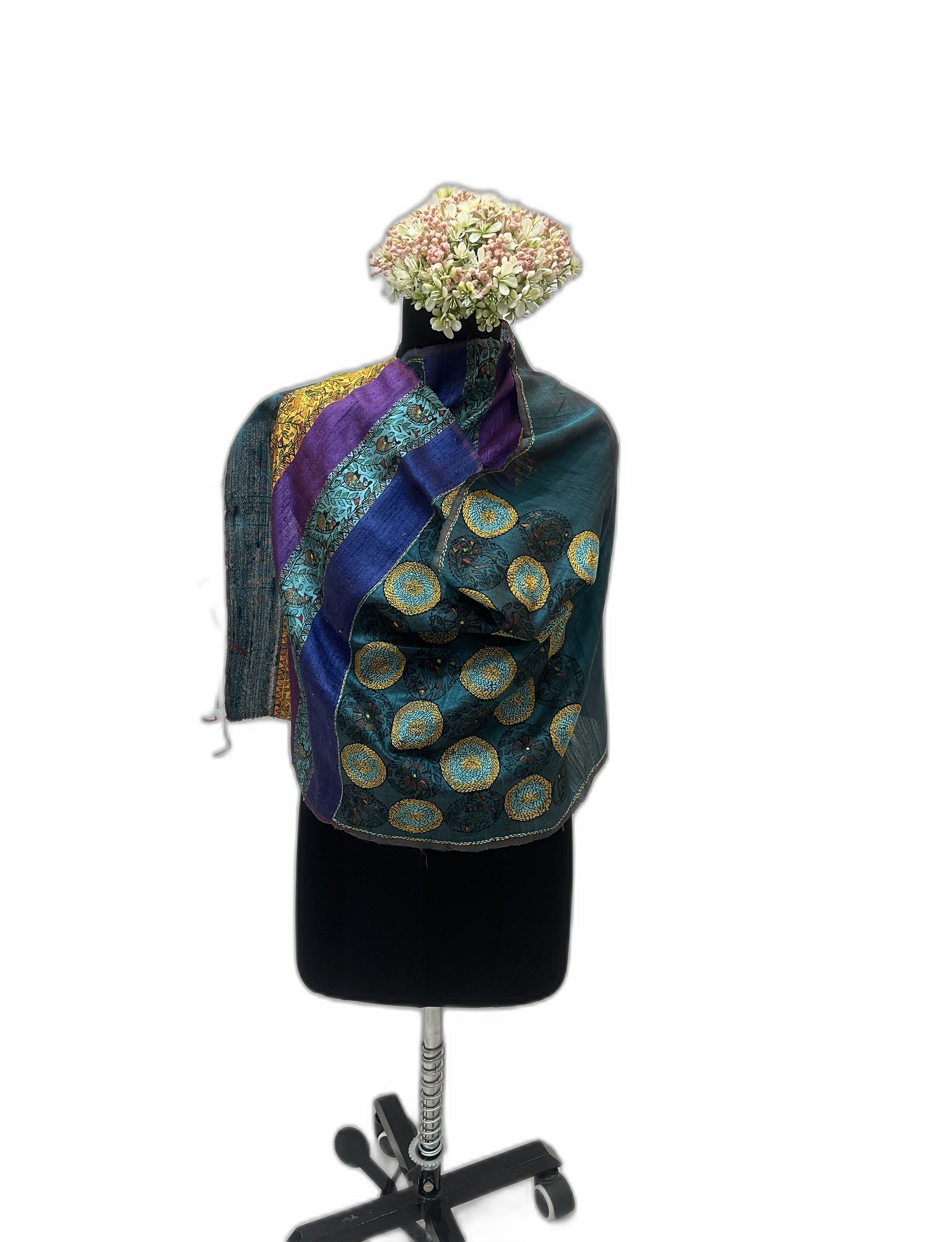 Dupion Silk Stole in Peacock Blue with Handpainted Madhubani and Sujani