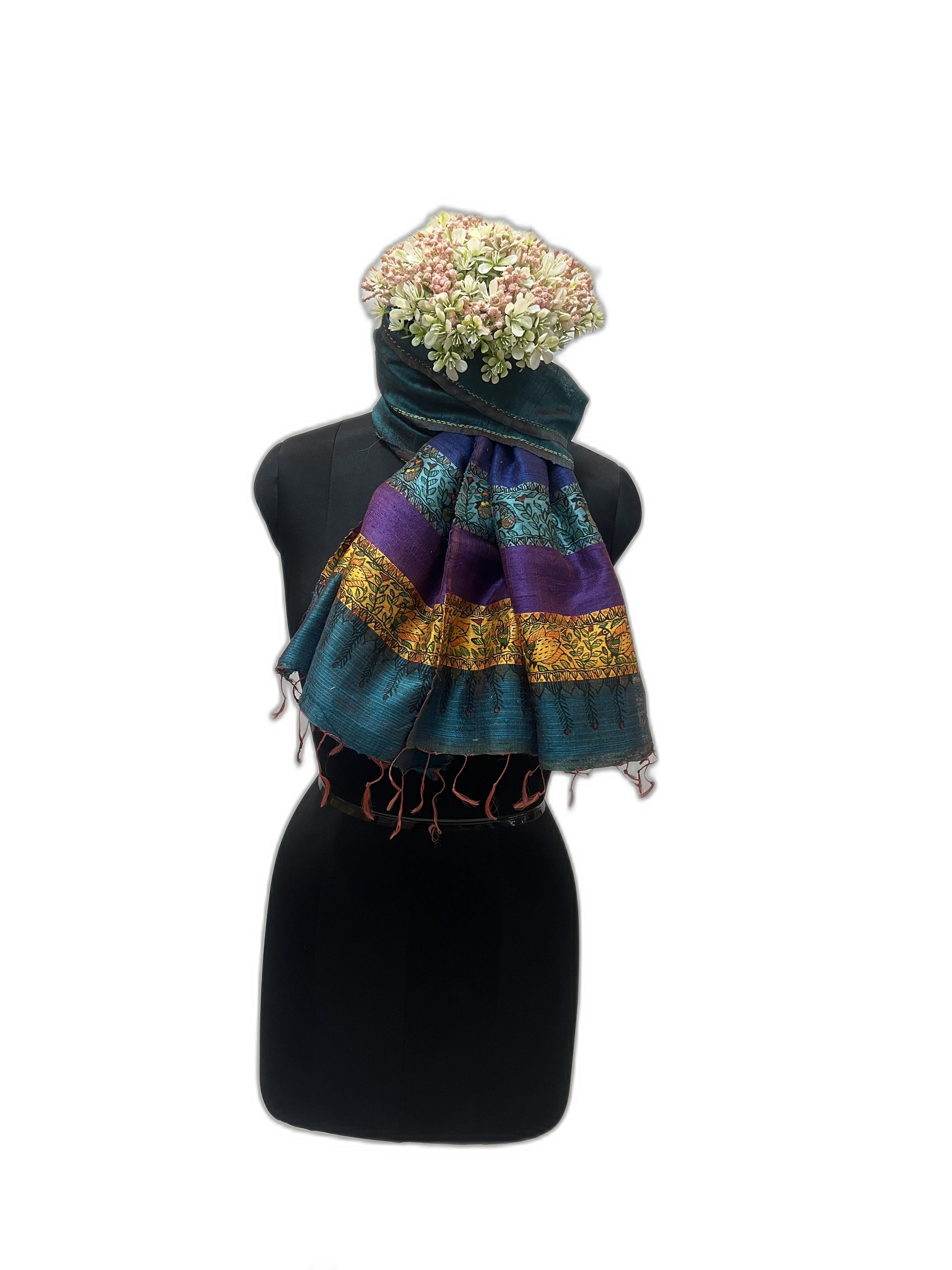 Dupion Silk Stole in Peacock Blue with Handpainted Madhubani and Sujani