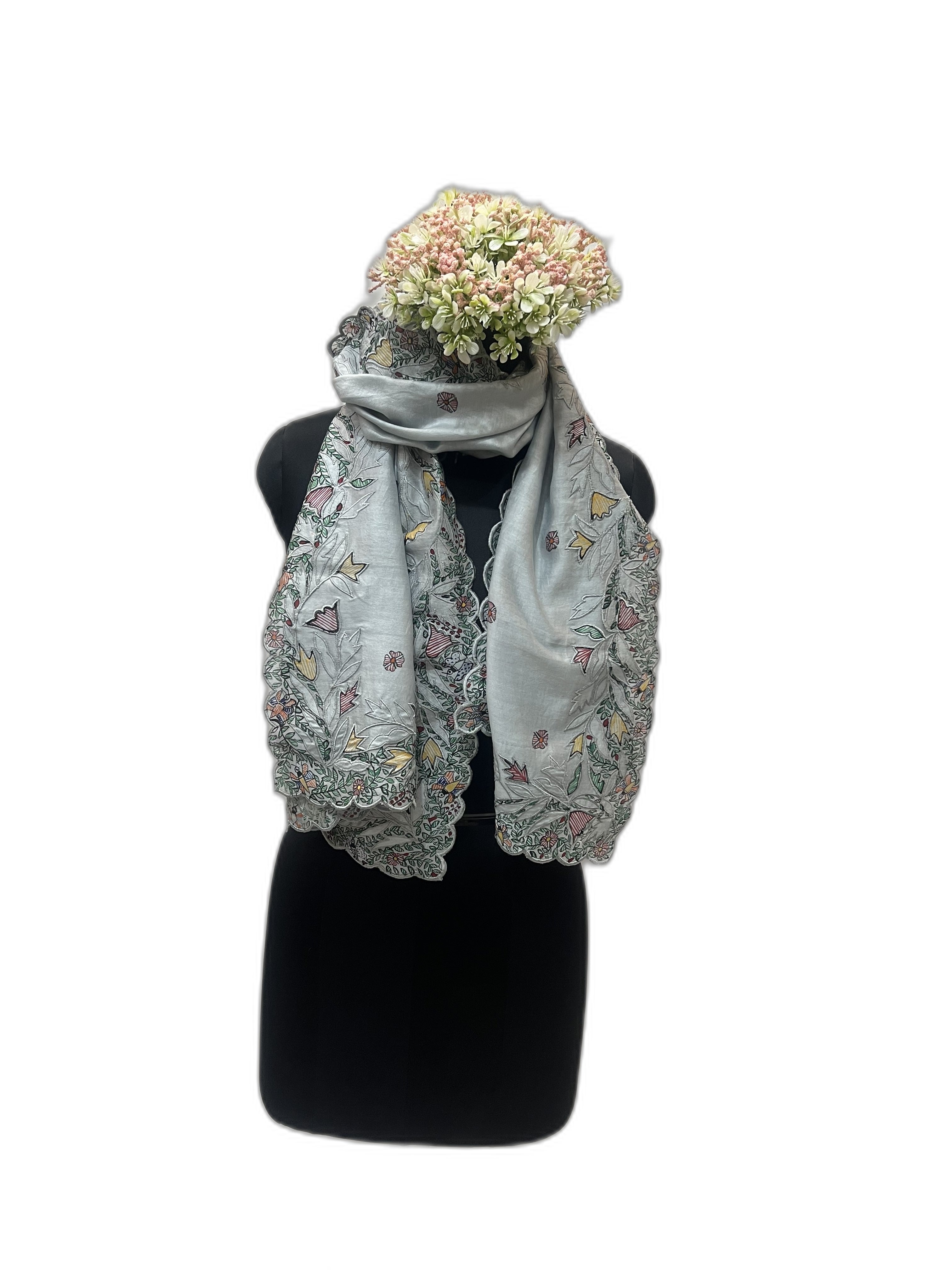 Chanderi Stole in Powder Blue with Scalloped Edges and Madhubani