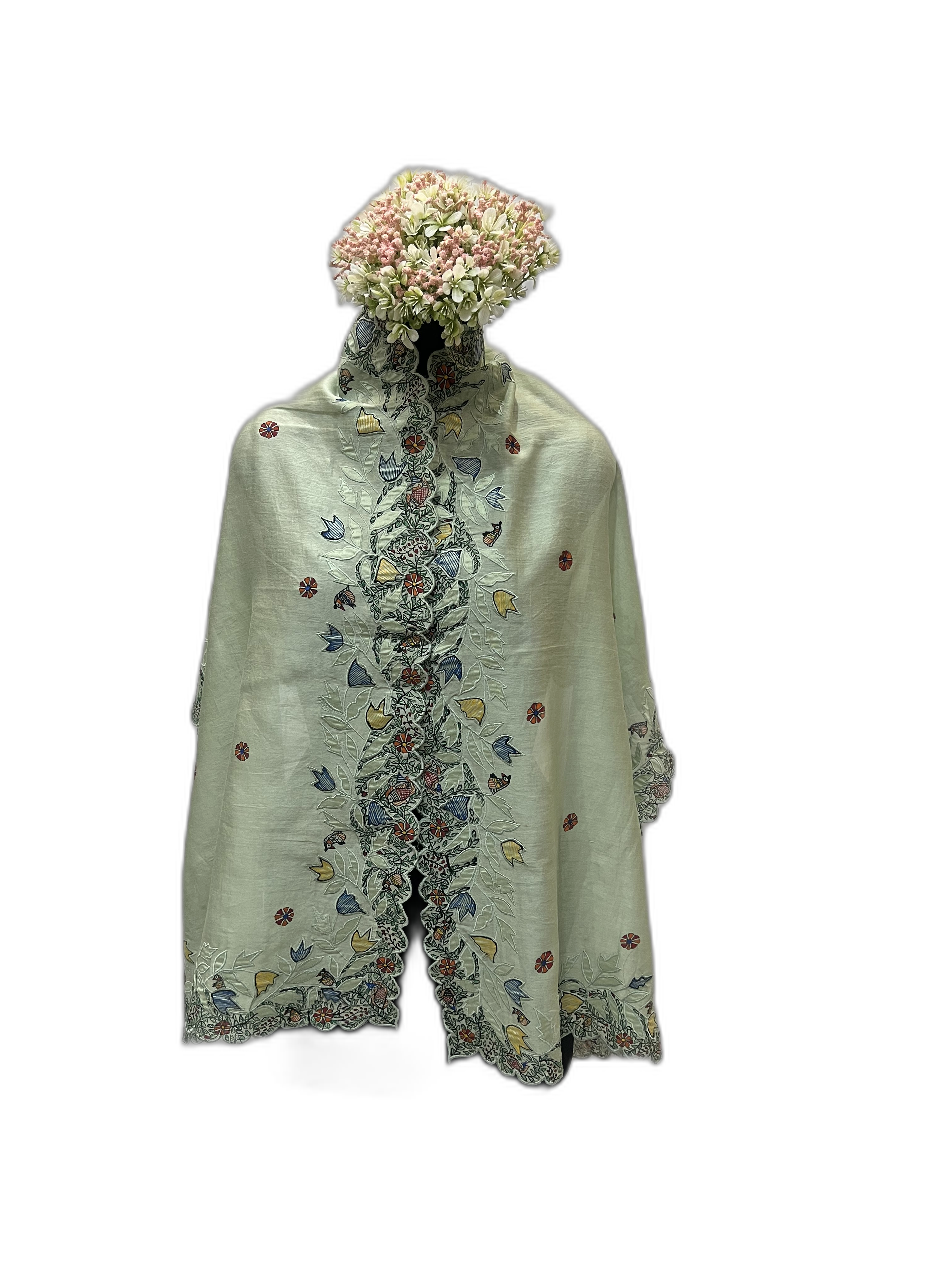 Chanderi Stole in Light Green with Scalloped Edges and Madhubani