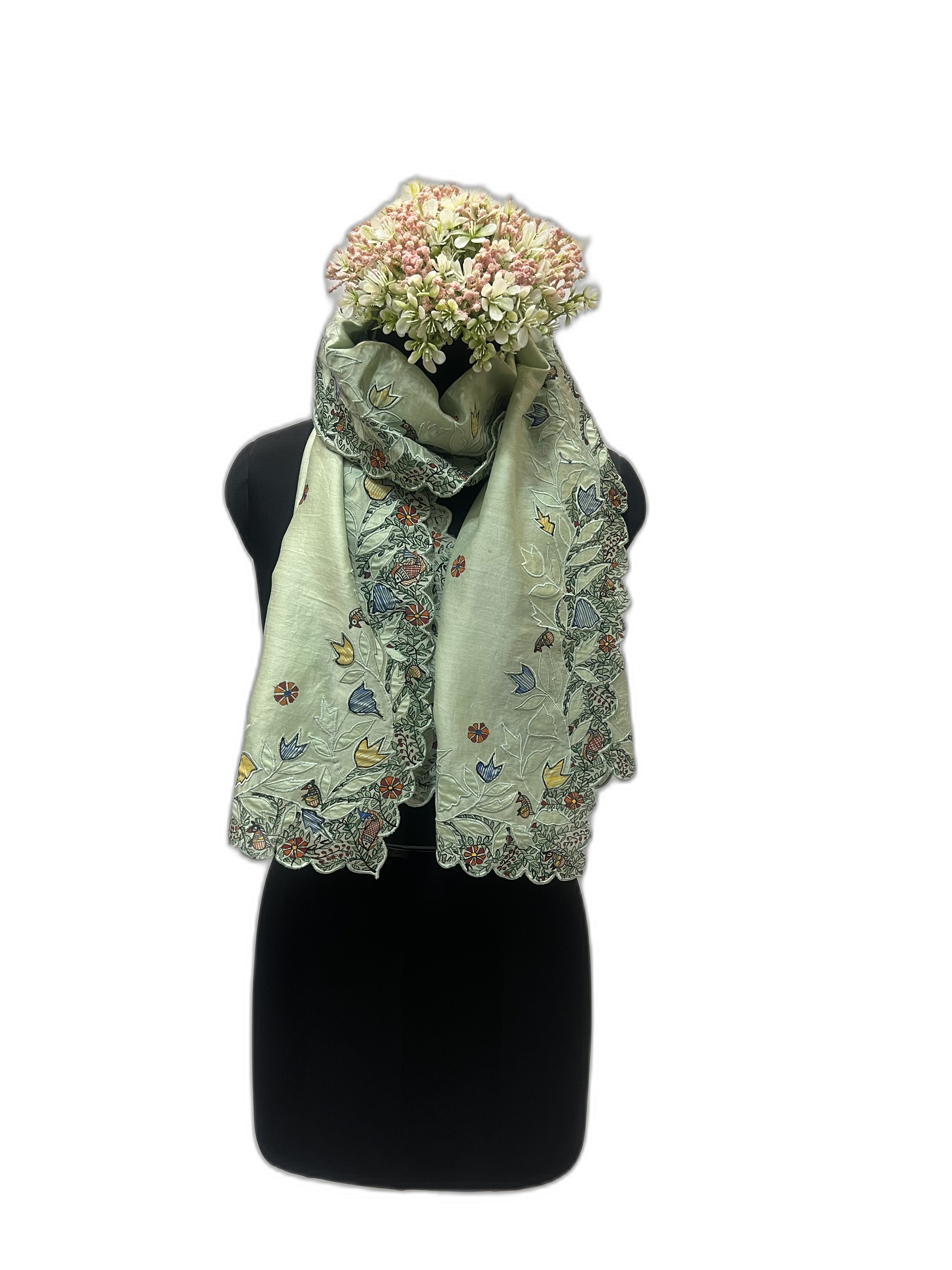 Chanderi Stole in Light Green with Scalloped Edges and Madhubani