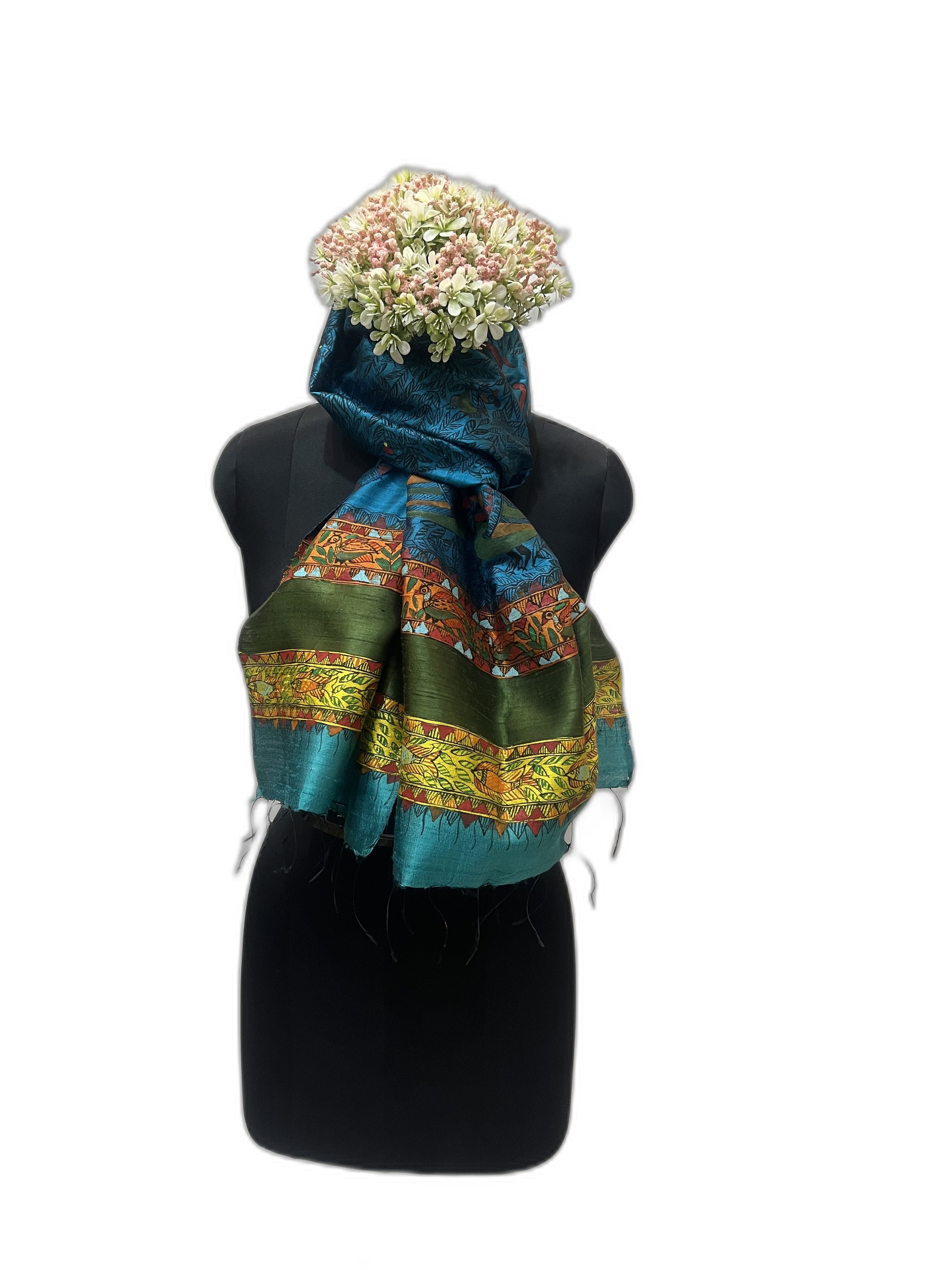 Madhubani Dupion Silk Stole in Turquoise with Handpainted Peacock and Fish, Motifs