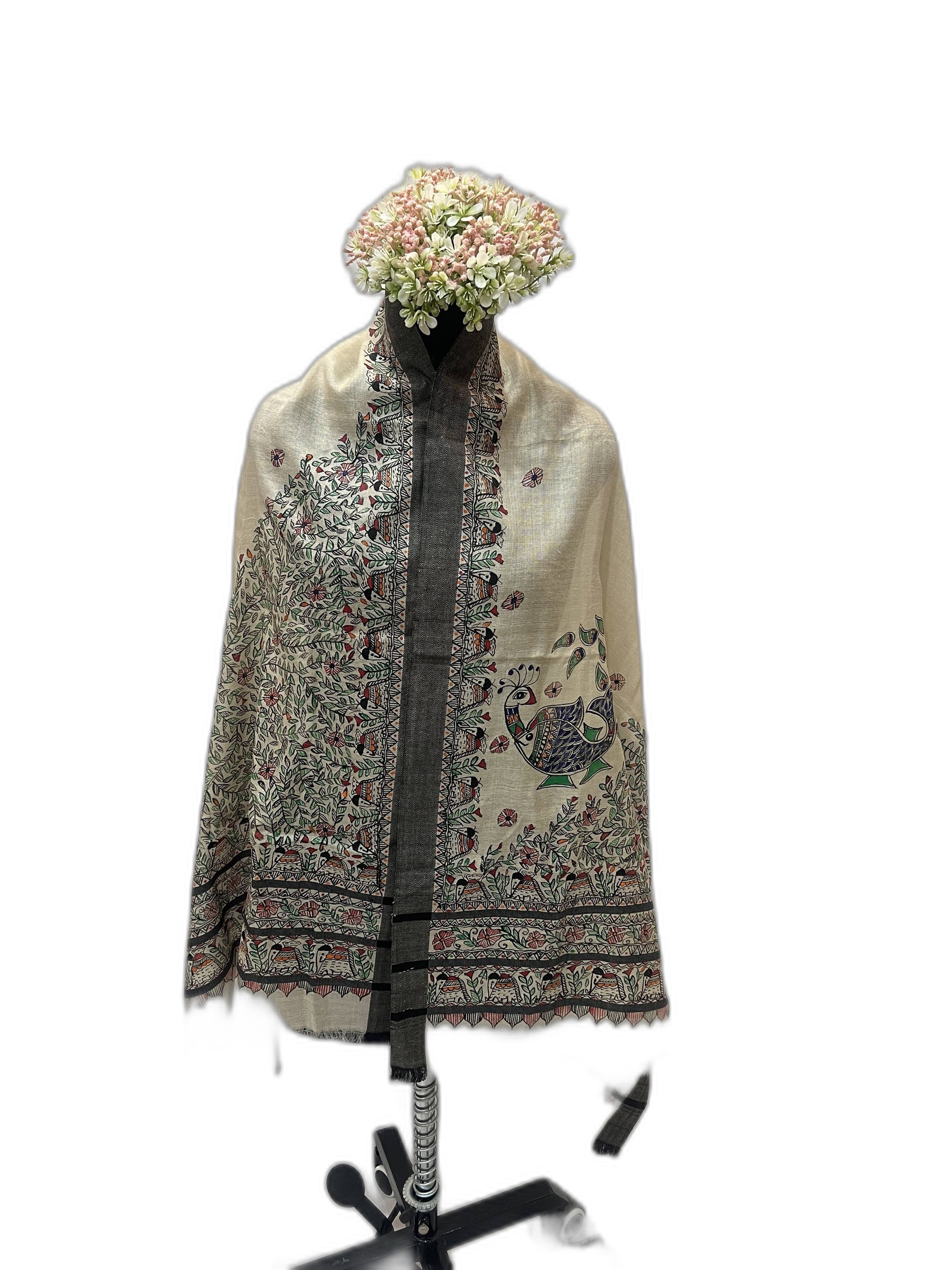 Madhubani Tussar Munga Silk Stole in Natural Tussar with Black Weaved Border