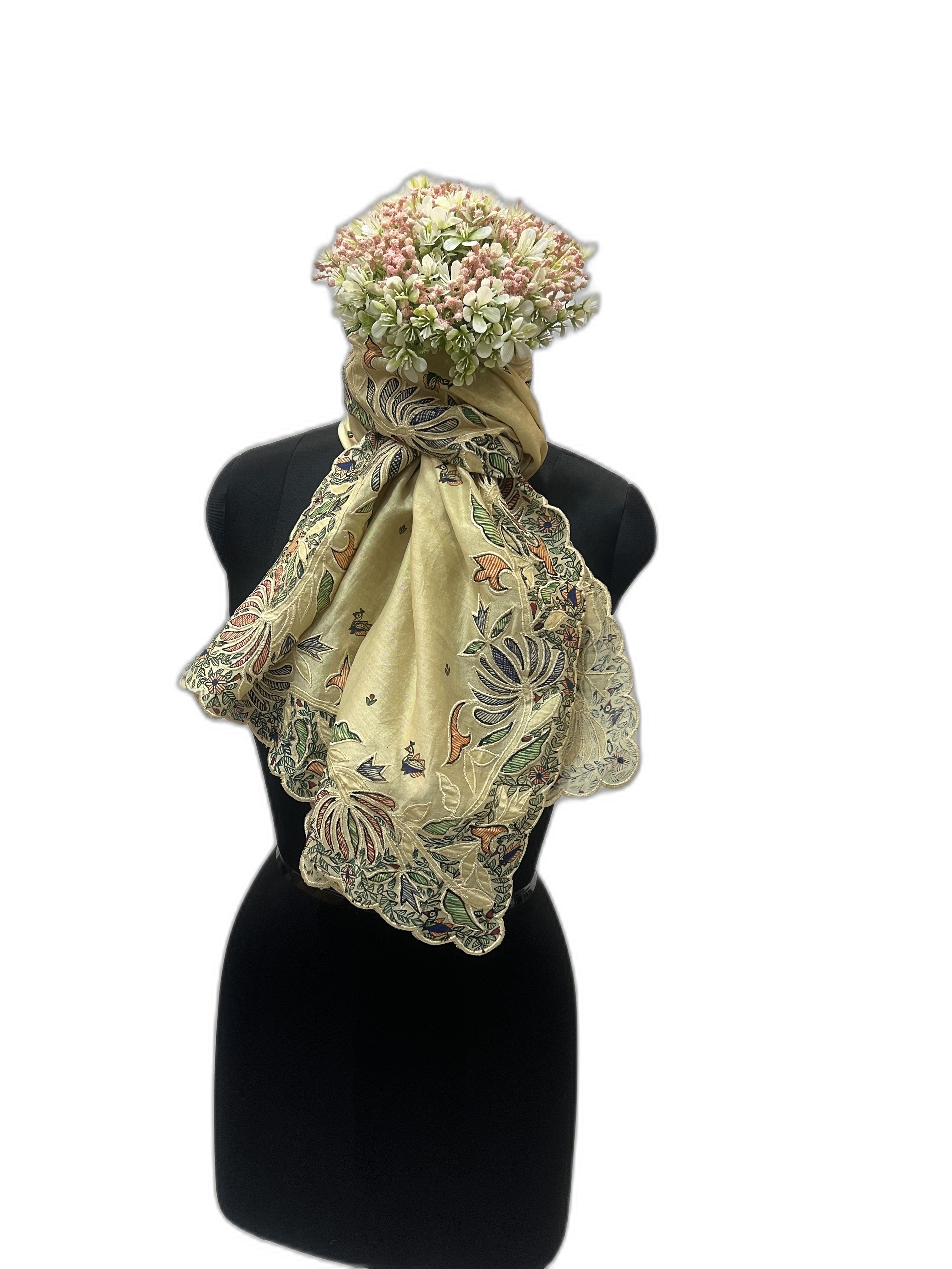 Chanderi Stole in pastel yellow with Scalloped Edges and Madhubani
